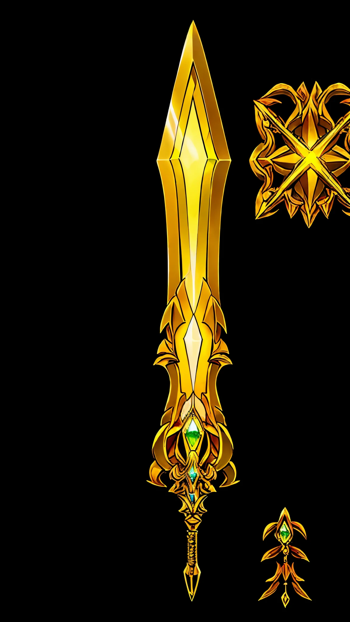 Game Art of golden blade with long hilt, best quality, Trending on Artstation, masterpiece, yellow jewel. (sword design sheet,same sword,front,side,back)