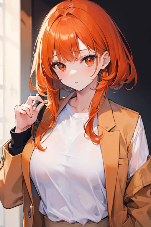 (Masterpiece:1.4), (best quality:1.2), yoo sangah, 1girl, white shirt, brown jacket, orange hair, upper body
