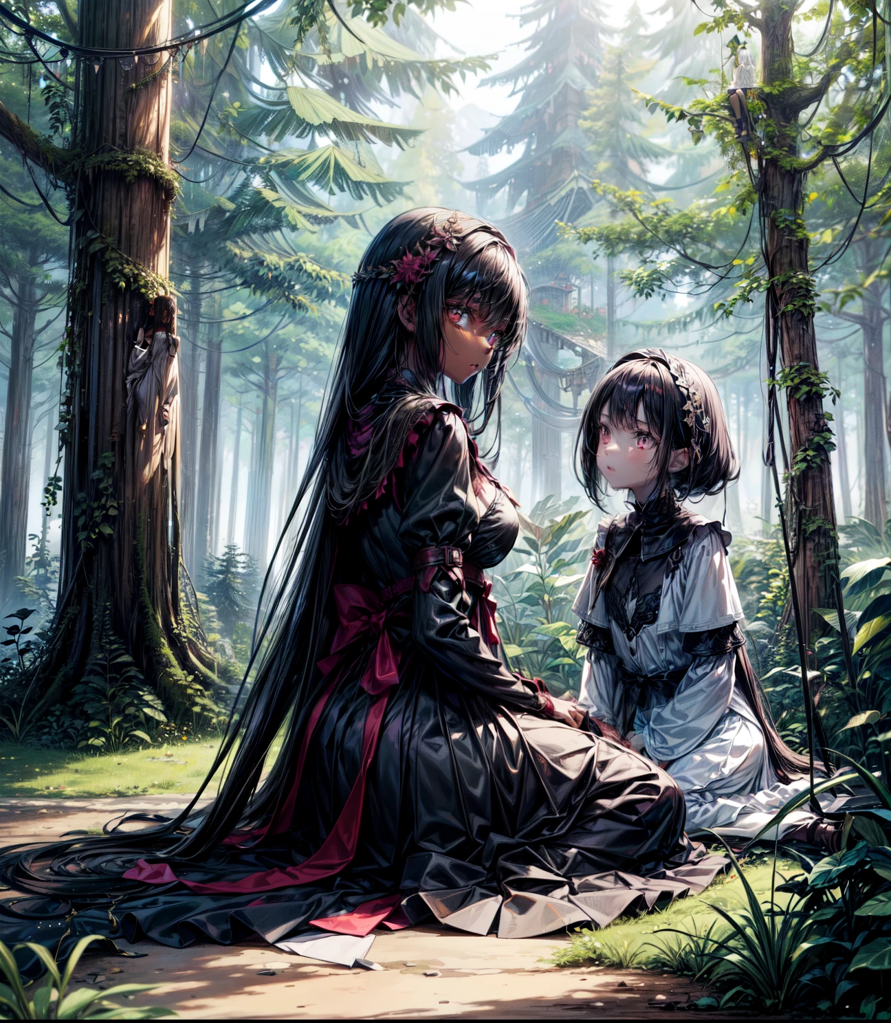 score_9, score_8_up,score_7_up,extra detailed background,a pale skin traveler girl and a dark skin girl in dress are sitting side by side,,,(2girls),dark skin,pale skin,Pyramid,forest,Traveler,flower,Vine,sitting