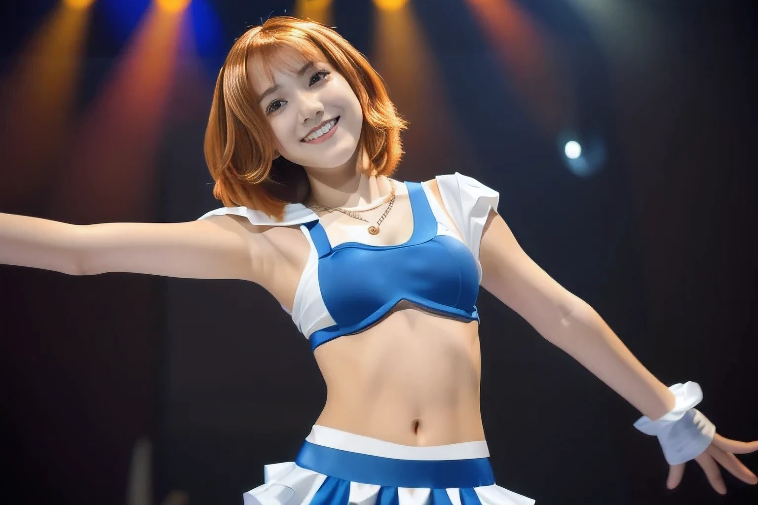 (An 18-year-old idol girl dancing on stage:1.5)、(Cute smile:1.2)、(The best quality at its best:1.4), (Super detailed), (Very detailed CG unified 16k), Beautiful woman with perfect figure: 1.4, Sharp focus: 1.2, Very detailed, High-quality RAW color photos, Professional photography, Great face and eyes, cosmetics, (Amazingly beautiful girl), ((Cute idol costumes:1.5)), Sexy posture，(View from below), Realistic movie faces, Full body long view from head to toe, Realistic, ((Realistic natural orange red hairstyle, Realistic blue eyes)), ( Short Bob Hair:1.5), (necklace:1.5)、, Very beautiful face, Perfect model beauty, Mouth swelling, Highly detailed face and skin texture, Fine grain, double eyelid, Medium chest, (masterpiece), highest quality, High resolution, Very detailed, Blurred Background, Depth of written boundary, Cinema Lighting, Great legs, , Clear, well-maintained skin,