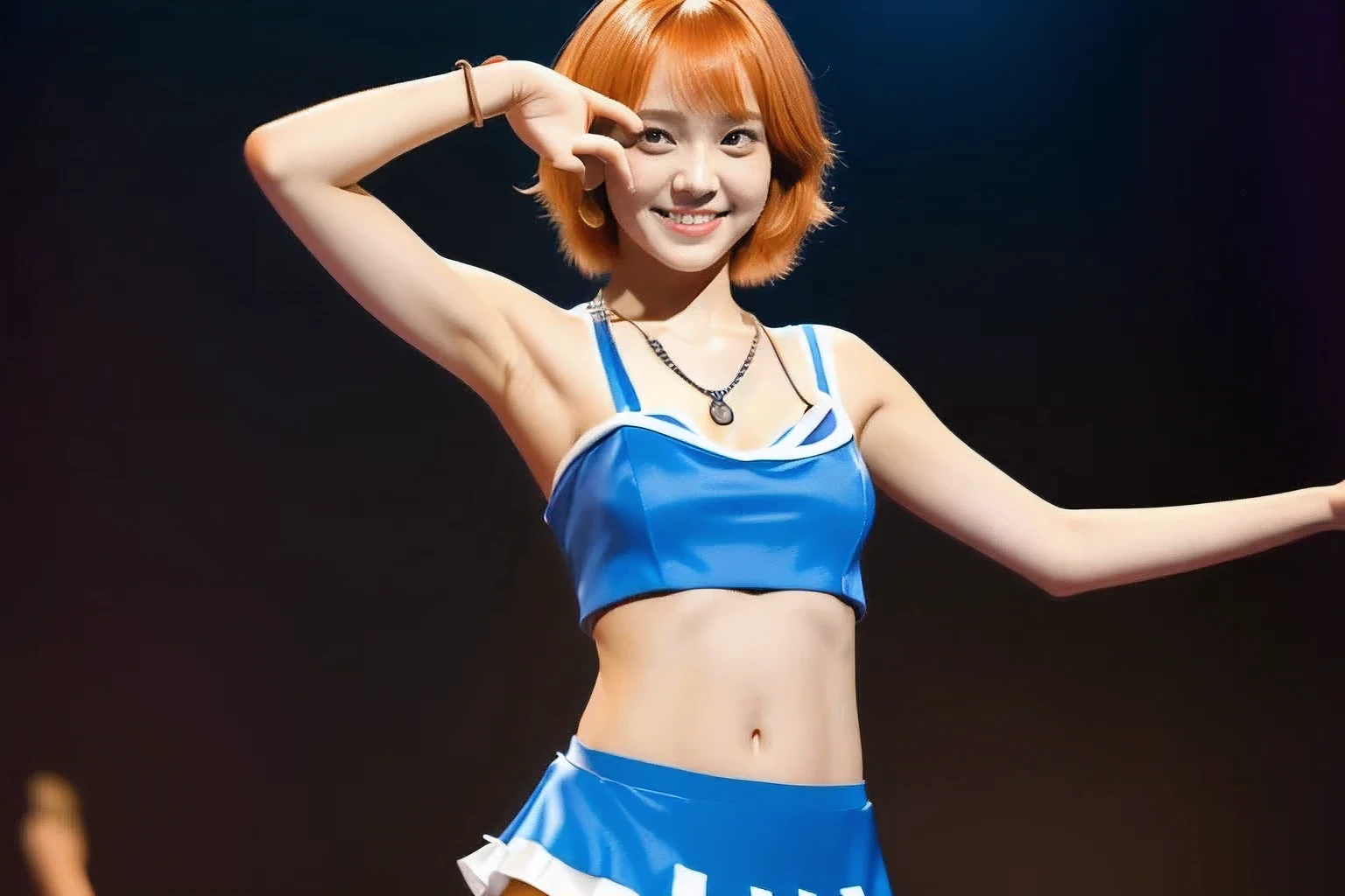 (An 18-year-old idol girl dancing on stage:1.5)、(Cute smile:1.2)、(The best quality at its best:1.4), (Super detailed), (Very detailed CG unified 16k), Beautiful woman with perfect figure: 1.4, Sharp focus: 1.2, Very detailed, High-quality RAW color photos, Professional photography, Great face and eyes, cosmetics, (Amazingly beautiful girl), ((Cute idol costumes:1.5)), Sexy posture,(View from below), Realistic movie faces, Full body long view from head to toe, Realistic, ((Realistic natural orange red hairstyle, Realistic blue eyes)), ( Short Bob Hair:1.5), (necklace:1.5)、, Very beautiful face, Perfect model beauty, Mouth swelling, Highly detailed face and skin texture, Fine grain, double eyelid, Medium chest, (masterpiece), highest quality, High resolution, Very detailed, Blurred Background, Depth of written boundary, Cinema Lighting, Great legs, , Clear, well-maintained skin,