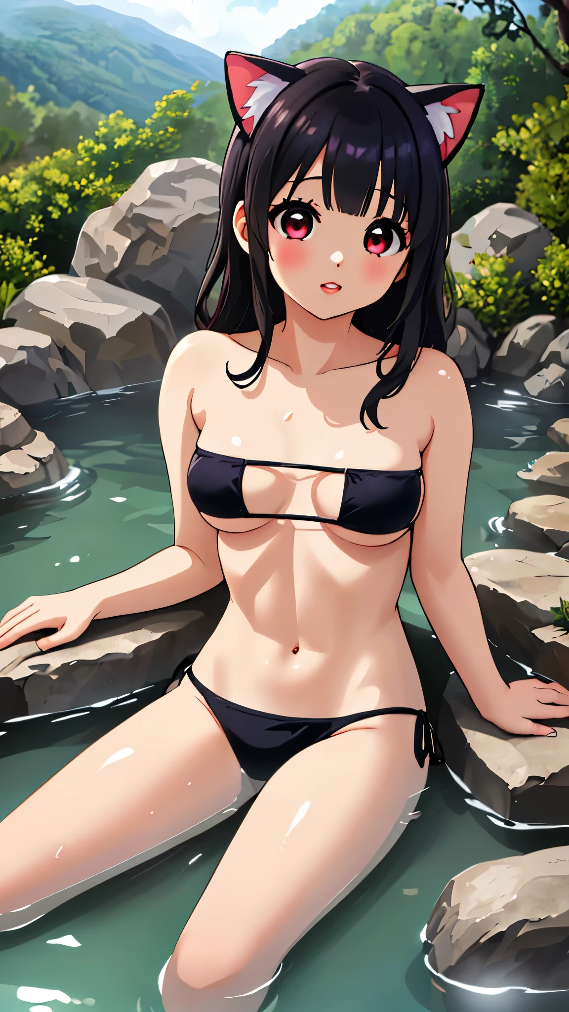 Caution when browsing、最High quality、Alta calidad、La mejor calidad de imagen、8K、最high resolution、high resolution、最High quality、obra maestra、far and near method、Cuerpo humano detallado y realista、Piel densa y realista、Cara realista en cada detalle、Realistic reproduction of every detail.、Labios detallados y realistas.、Dientes detallados y realistas.、Orejas detalladas y realistas.、Cabello negro detallado y orejas de gato realista.、Brazos detallados y realistas.、Realistic reproduction of every detail.、Dedos realistas en cada detalle.、(hermosas manos、Pulgar１referencia４)、Realistic feet down to the last detail.、((hermosa chica japonesa))、(japanese model), (mujeres japonesas)、((beautiful 18 year old girl))、(pelo negro)、(coletas con flequillo)、(ojos rojos, mirada sexy)、((Todo el cuerpo))、((Senos con pezones respingones、Pechos grandes))、(Small and thin body type.)、(Todo el cuerpoGlossy skin、Piel blanca)、((Cuero de color aleatorio(Usando un bikini bandeau))、(luz natural suave)、((rascacielos en la azotea(Aguas termales artificiales en la azotea.))、((A hot spring where you can enjoy a 360-degree view.))、((Disfrute de las aguas termales mientras contempla los rascacielos de los alrededores.))、((Puedes ver un rascacielos al fondo..))、((Aguas termales rodeadas de rocas.))、((deep bathtub(aguas termales profundas))、((chicas onsen))、((Entra a las aguas termales))、((A woman warming herself in a hot spring.))、((A woman lying down and relaxing in a hot spring.))、((Soak in a hot spring))、((腰までSoak in a hot spring))、((寝転んでSoak in a hot spring))、((Dormir en aguas termales))、((Soak in a hot spring))、((肩までSoak in a hot spring))、((Agua termal extremadamente clara))、((El cuerpo principal visto desde la superficie del agua.))、((Aguas termales llenas de vapor espeso))、((De las aguas termales sale mucho vapor...))