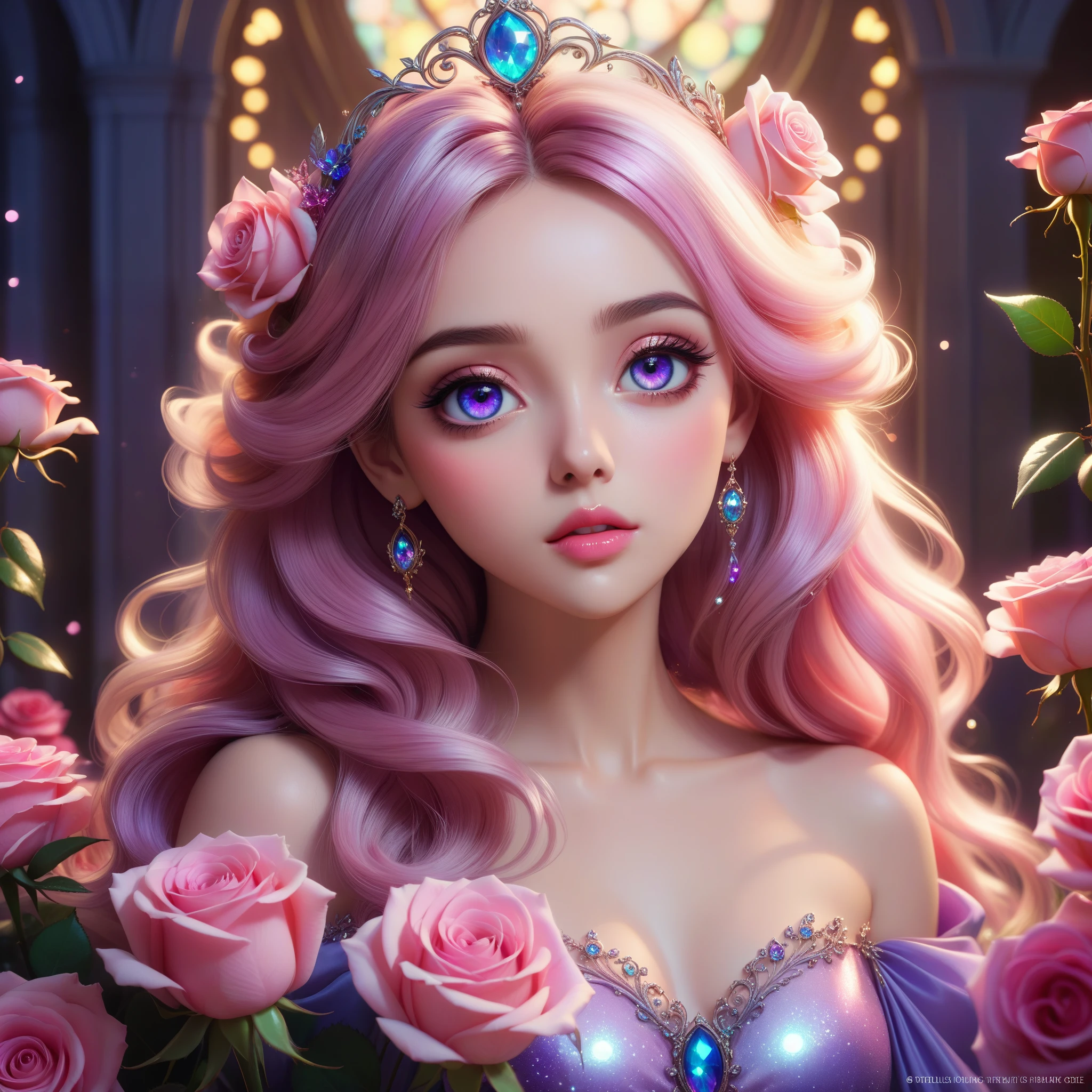 (This is a beautiful, soft, ethereal, and (romantic) fantasy image with a persistent pink aura, fairytale fantasy elements, and a lovely color palette.) Generate a beautiful  fairy woman with beautiful puffy lips and beautiful detailed eyes. Her glossy curled hair is realistically detailed and her (ringed eyes) are interesting and colorful. Surround her with eternal roses in shimmering shades of pink and purple. Ensure perfection in her face, hair, and eyes. Include luminous flowers and detailed roses. Utilize dynamic composition and dramatic lighting and cinematic lighting to create an interesting fantasy image. The background of the image is interesting and ultra-detailed, with soft fantasy lighting and gradients. English rose, princess, sweet, lovely, shimmering, glimmering, glittering, astrological fantasy, (((masterpiece))), (highest quality), beautiful eyes, perfect puffy lips, jewel tones, luminosity.  8k, Unreal Engine 5, octane render, trending on pixiv, fanbox, skeb, masterpiece, detailed face, smooth soft skin, big dreamy eyes, beautiful intricate colored hair, anime wide eyes, soft lighting, concept art, digital painting,