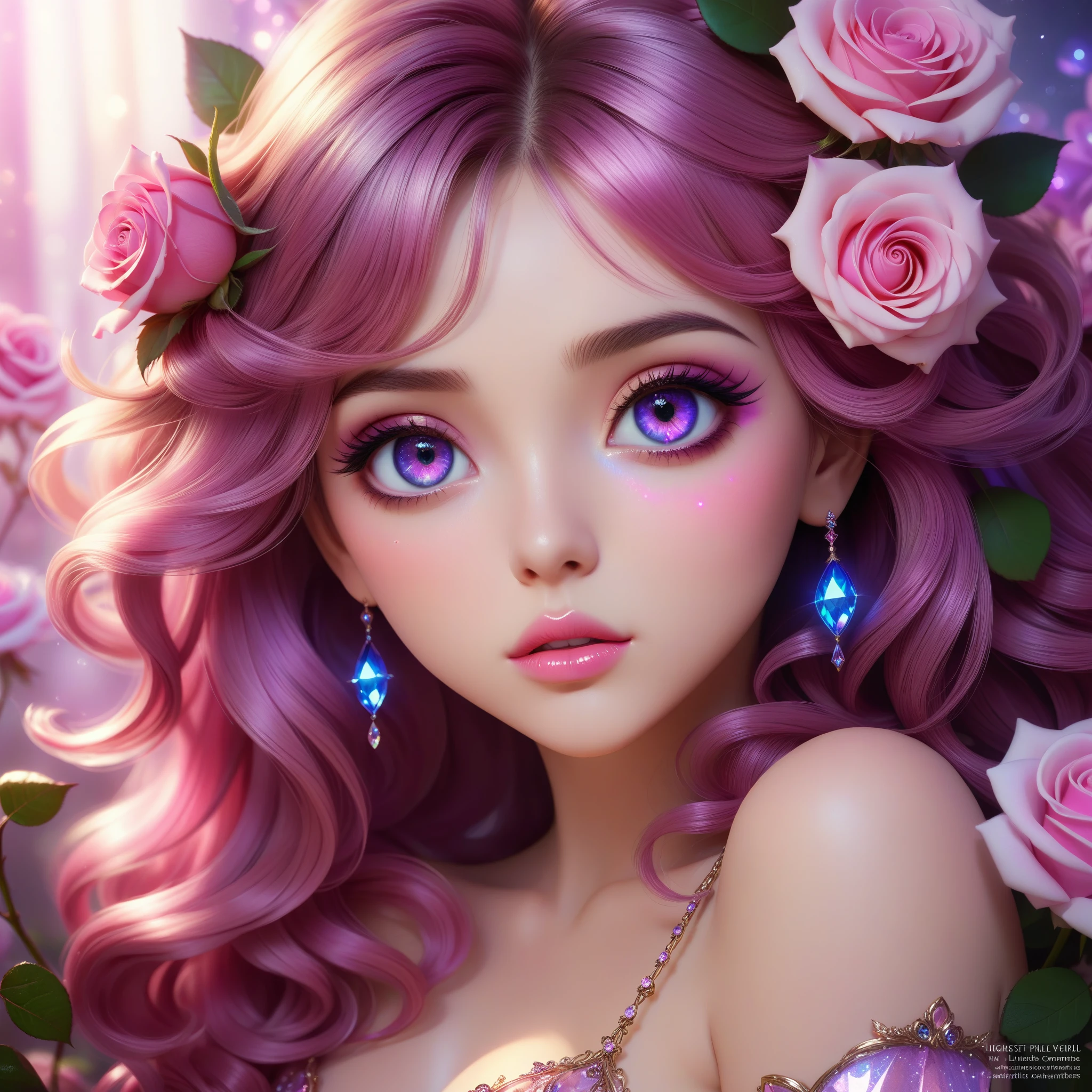 (This is a beautiful, soft, ethereal, and (romantic) fantasy image with a persistent pink aura, fairytale fantasy elements, and a lovely color palette.) Generate a beautiful  fairy woman with beautiful puffy lips and beautiful detailed eyes. Her glossy curled hair is realistically detailed and her (ringed eyes) are interesting and colorful. Surround her with eternal roses in shimmering shades of pink and purple. Ensure perfection in her face, hair, and eyes. Include luminous flowers and detailed roses. Utilize dynamic composition and dramatic lighting and cinematic lighting to create an interesting fantasy image. The background of the image is interesting and ultra-detailed, with soft fantasy lighting and gradients. English rose, princess, sweet, lovely, shimmering, glimmering, glittering, astrological fantasy, (((masterpiece))), (highest quality), beautiful eyes, perfect puffy lips, jewel tones, luminosity.  8k, Unreal Engine 5, octane render, trending on pixiv, fanbox, skeb, masterpiece, detailed face, smooth soft skin, big dreamy eyes, beautiful intricate colored hair, anime wide eyes, soft lighting, concept art, digital painting,