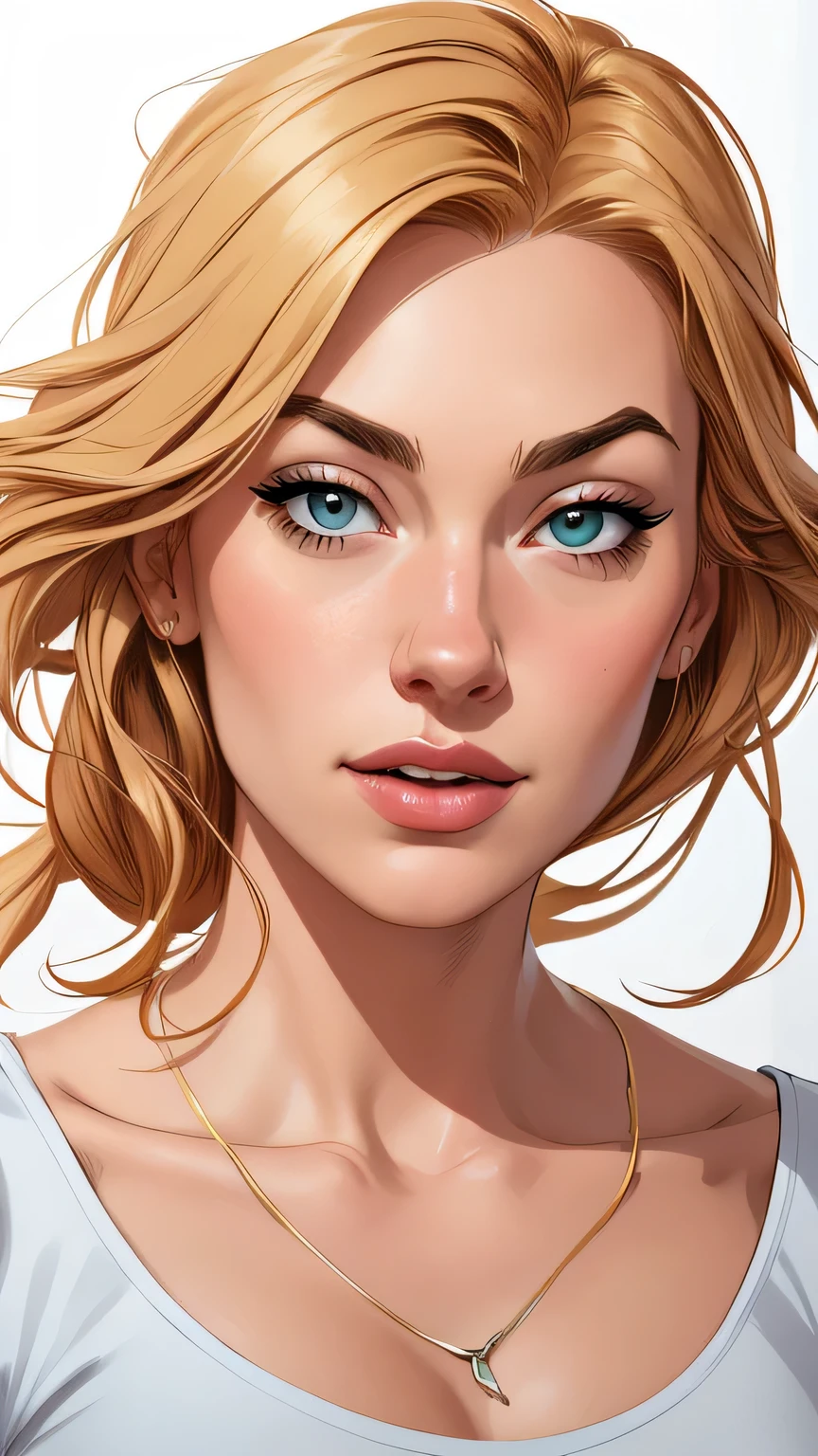 Personagem Yvonne Strahovski omagem de desenho animado de uma mulher .cartoon style illustration, estilo de arte dos desenhos animados, estilo de arte dos desenhos animados, digital illustration style, design de personagens altamente detalhado, arte digital detalhada fofa, City fan art, Design de personagens de retrato, beautiful digital illustration, retrato de alta qualidade, Arte em quadrinhos, mulher jovem. expression of sexual desire white background