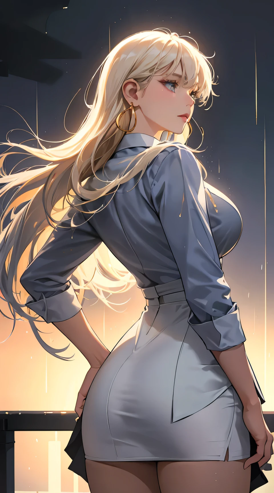 (best quality:1.5, highres, UHD, 4K, detailed lighting, shaders), white light, haired, gradient hair, large breasts, suit, gray shirt, social shirt, short skirt, mature woman , (pov), white background, colorful eyeshadow, dramatic lighting, sparkling eyes, sensual expression, golden earrings, flowing hair, delicate facial features, dark skin, high cheekbones, raining, urban setting, white background, dont look for the camera, lean forward, view from behind, wet  by the rain.