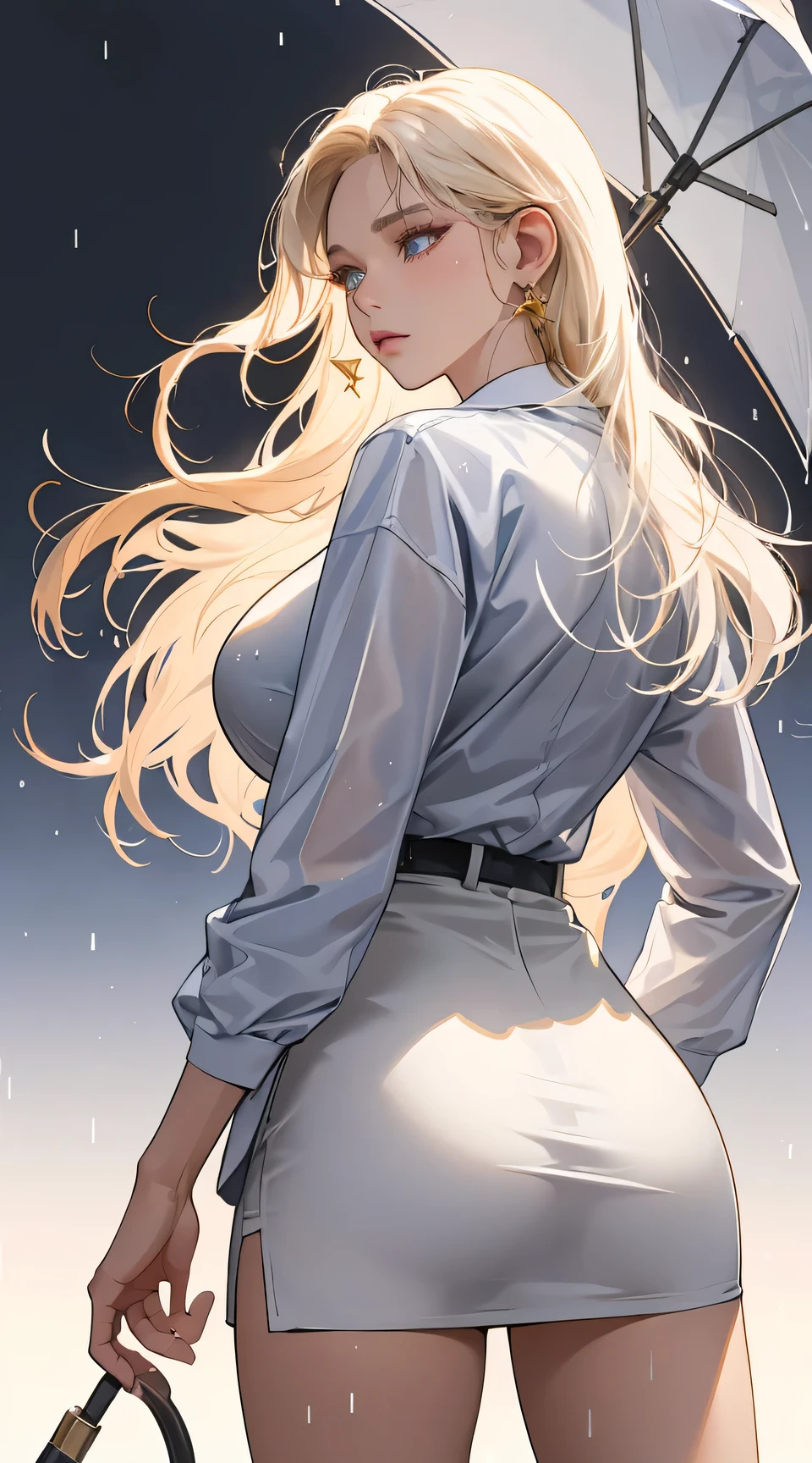 (best quality:1.5, highres, UHD, 4K, detailed lighting, shaders), white light, haired, gradient hair, large breasts, suit, gray shirt, social shirt, short skirt, mature woman , (pov), white background, colorful eyeshadow, dramatic lighting, sparkling eyes, sensual expression, golden earrings, flowing hair, delicate facial features, dark skin, high cheekbones, raining, urban setting, white background, dont look for the camera, lean forward, view from behind, wet by the rain.