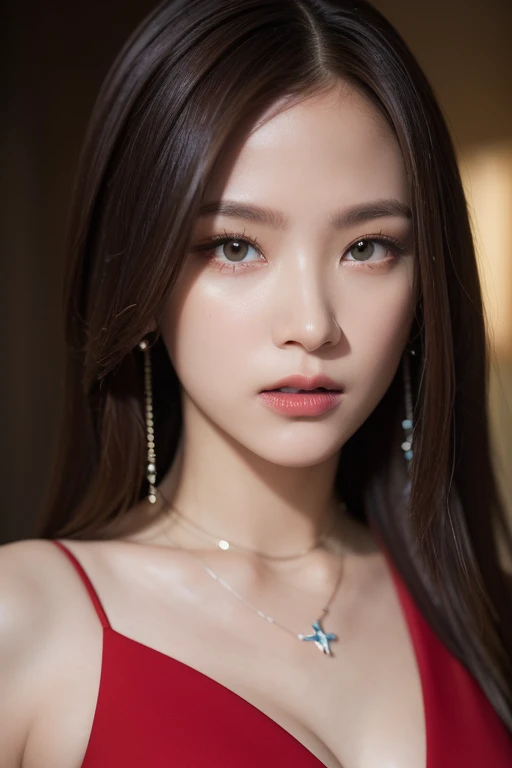 8k, masterpiece, original photo, best quality, Reality, Extremely detailed CG Unity 8K wallpaper, Depth of Field, Movie Lighting, lens flare, Ray Tracing, (Extremely beautiful face, Beautiful lips, beautiful eyes), Intricately detailed face, ((Ultra-delicate skin), Beautiful 1 girl best quality photos, Ultra-high resolution, (Realistically:1.4),Cute hairpin,1 girl,Beautiful slim woman:1.4,Super thin face,Exquisite eyes,double eyelids,Necklace,woman in a suit and red shirt, girl in a suit, girl in suit.