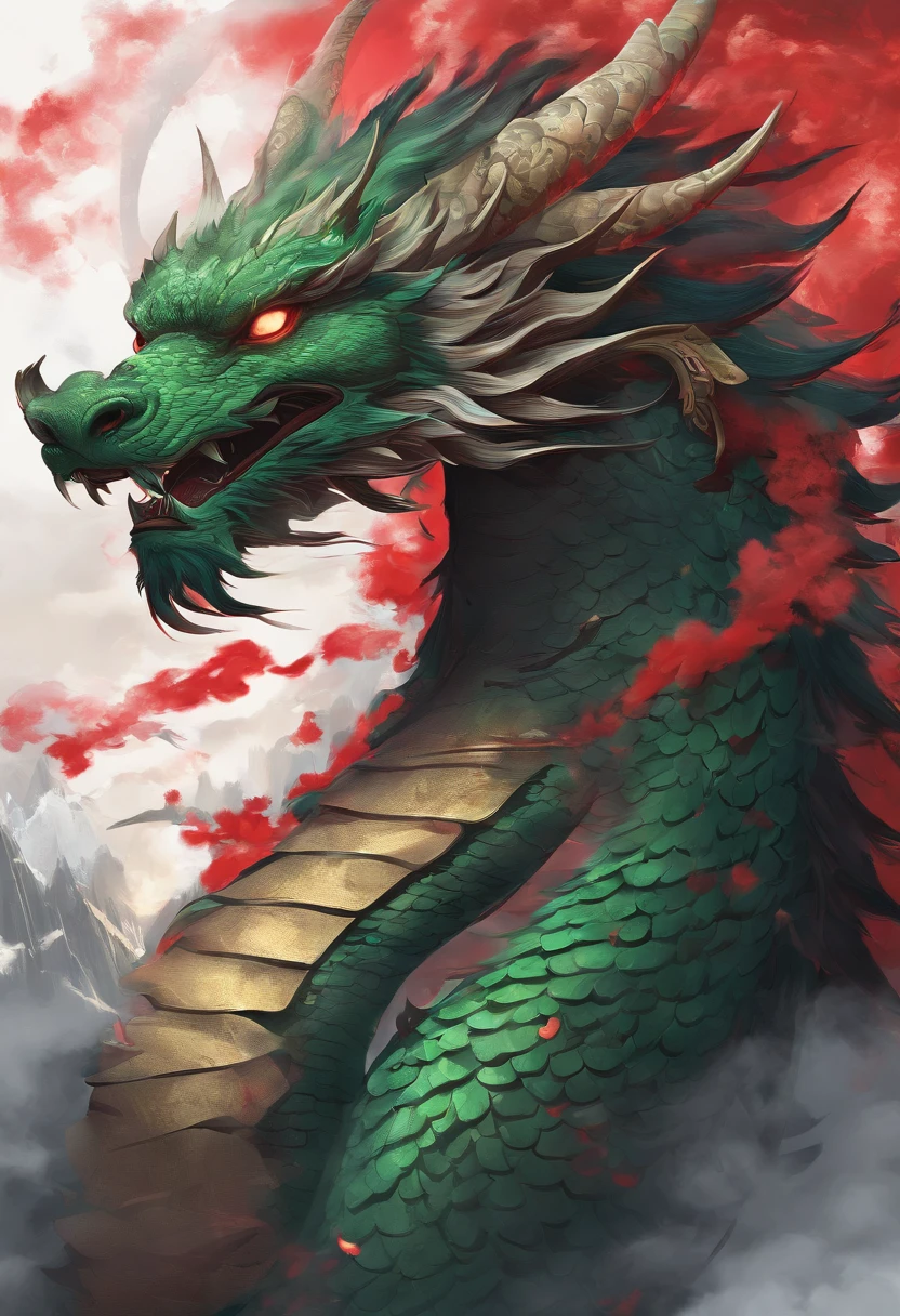 Chinese style，Chinese mythology，Chinese Green Dragon，tosen，Eyes glow red，Glow effect，Surrounded by clouds，Thick Clouds，building，Medium shot scene，Just like the whole body， Highly detailed surreal VFX，OC Rendering，Kyoto，Dragon wearing a kimono，