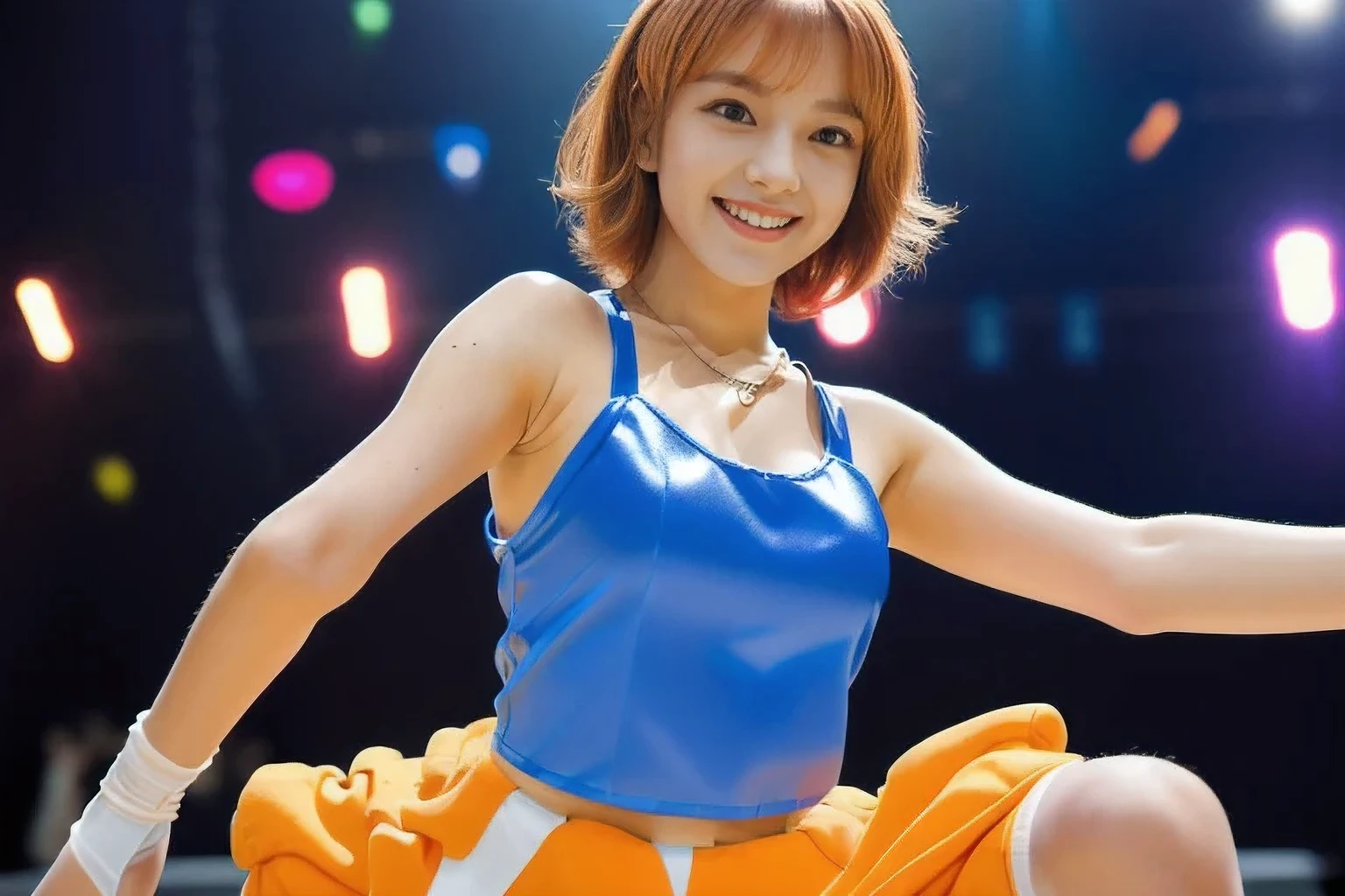 (An 18-year-old idol girl dancing on stage:1.5)、(Cute smile:1.2)、(The best quality at its best:1.4), (Super detailed), (Very detailed CG unified 16k), Beautiful woman with perfect figure: 1.4, Sharp focus: 1.2, Very detailed, High-quality RAW color photos, Professional photography, Great face and eyes, cosmetics, (Amazingly beautiful girl), ((Cute idol costumes:1.5)), Sexy posture，(View from below), Realistic movie faces, Full body long view from head to toe, Realistic, ((Realistic natural orange red hairstyle, Realistic blue eyes)), ( Short Bob Hair:1.5), (necklace:1.5)、, Very beautiful face, Perfect model beauty, Mouth swelling, Highly detailed face and skin texture, Fine grain, double eyelid, Medium chest, (masterpiece), highest quality, High resolution, Very detailed, Blurred Background, Depth of written boundary, Cinema Lighting, Great legs, , Clear, well-maintained skin,