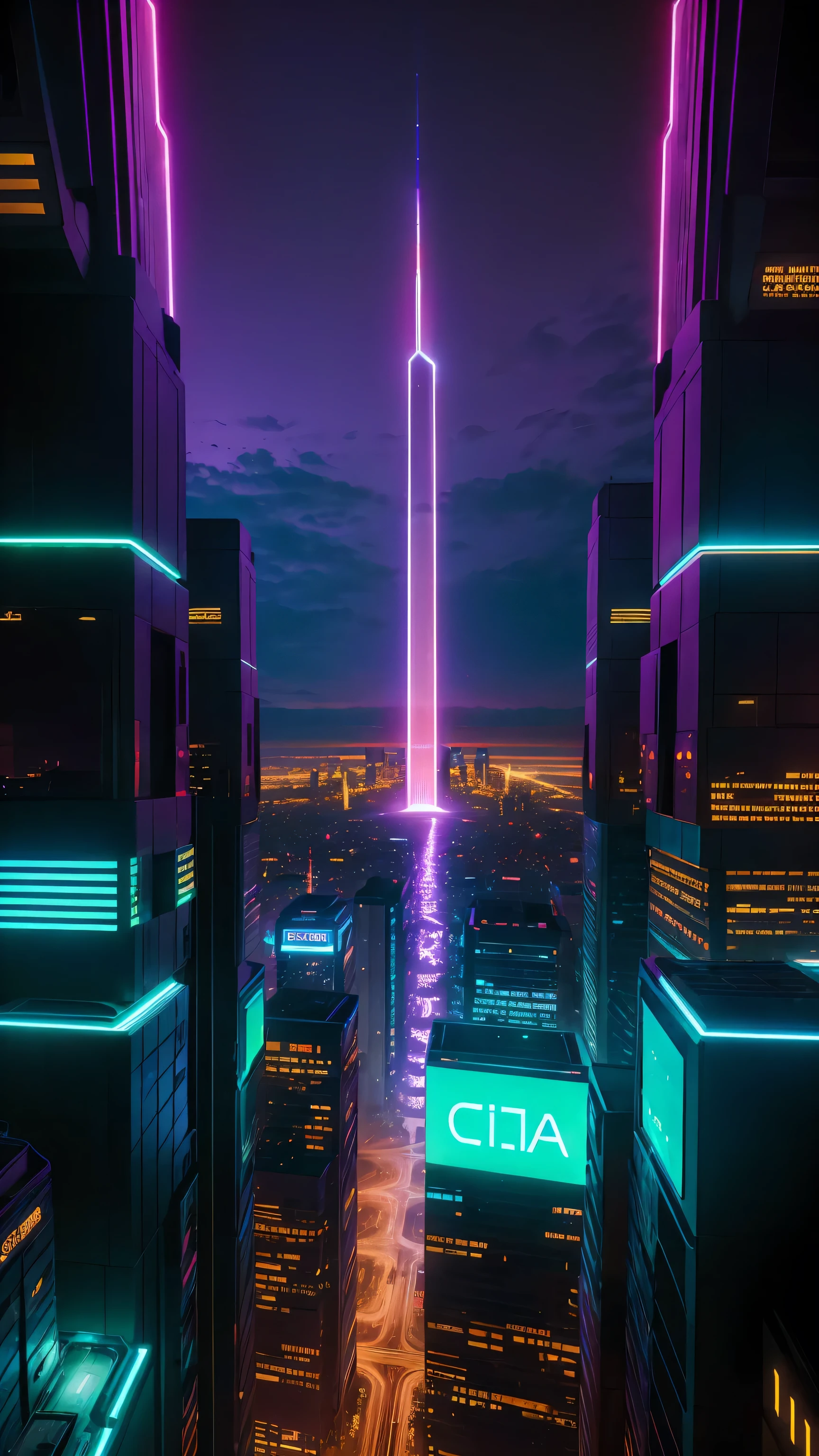 conceito:(((This is an aerial photographic masterpiece of a near-future city, portraying a cyberpunk worldview.)))。 qualidade:(highest quality, 4k, 8K, high resolution, Obra de arte:1.2), Super detalhado, (realista, Photorealista, Photorealista:1.37), lighting:cinematic light, Cores brilhantes e efeitos hipnotizantes em tons de roxo e azul, contrast between darkness and bright light, sombras e destaques, Elementos SF, Subject information:Aerial photo of Cyber City, de cima, skyscraper, arquitetura futurista, glowing neon lights, Amazing skyline, Advanced technology, ((hovering vehicle)), (((A beautiful image of a cybercity drawn from the perspective of de cima:1.3))) Outros detalhes: atmosfera animada, Holographic advertising, cyberpunk aesthetic, tons azulados, some stars shining in the sky, Space background, tecnologias emergentes, densidade urbana, energy and excitement, Metropolis of the future, attractive composition, neon glow, Cores ricas, soft brushstroke technique, textura detalhada, escala impressionante, (((projeto ciberpunk))), Projeto elaborado, escala impressionante, Atmospheric lighting, detalhes cativantes, visuais cativantes, Artistic, 500㎜, f/4, photoshoot,