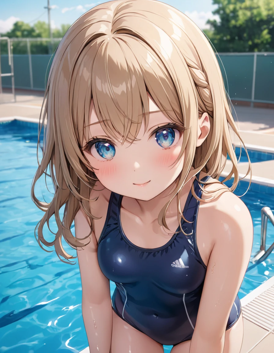 masterpiece,Super detailed,highest quality,8k,figure,Cute Face,Beautiful Skin ,Shiny Hair,girl,Super detailed-eyes, ,School Swimsuit,Pool