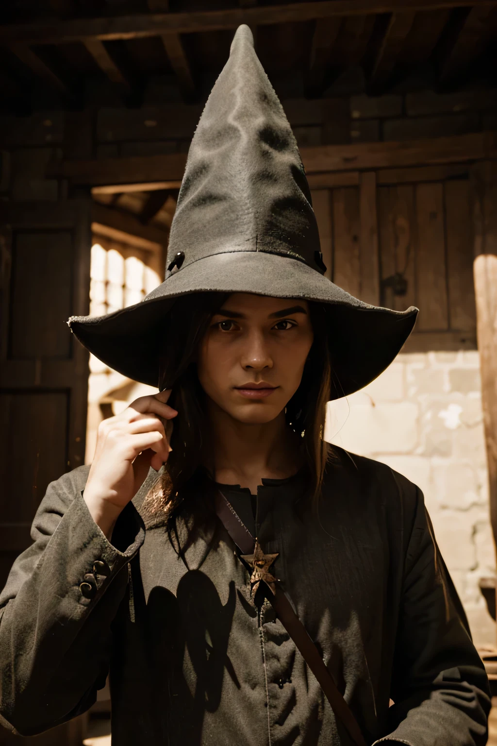 pointy medieval hat, person is holding him