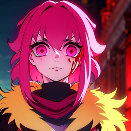 girl with a face full of blood, blood on her clothes,serious expression , yandere, dark eyes, pink eyes, pink hair, crazy,black clothes,blur in the eyes,golden scarf