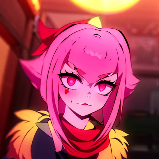 girl with a face full of blood, blood on her clothes,serious expression , yandere, dark eyes, pink eyes, pink hair, crazy,black clothes,blur in the eyes,golden scarf