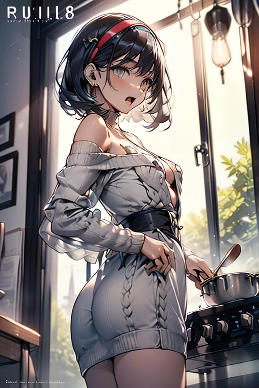 (small breasts:1.3), (perky chest:1.1), (pointed chest:1.0), (vegitable magazine cover:1.3),(from below:1.2),(from side:0.9),masterpiece, a 18yo girl, Amazing Cleavage:1.1, thin waist, big ass, Raised sexy, small breast: 1.3, posed cleavage:1.2, open mouth, have a cute grass of cute beergrass,black hair, dark green eyes, dress, bare shoulders, jewelry, collarbone, sidelocks, hairband, earrings, indoors, off shoulder sweater:1.1, arms behind back, plant, short hair with long locks, gild hairband, off-shoulder dress, sweater dress, off-shoulder sweater, red sweater, dark gord hair, big side hair, very long side hair,is rendered in (masterpiece: 1.2, best quality), with (ultra high resolution) and an exquisite (depth of field). This masterpiece is not only visually stunning but also tells,A scene of cooking in the kitchen by classroom,looking at viewer,