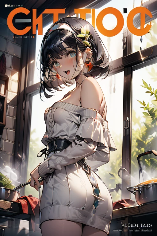 (small breasts:1.3), (perky chest:1.1), (pointed chest:1.0), (Carbonara Pasta magazine cover:1.3),(from below:1.0),(from side:0.9),masterpiece, 1girl, Amazing Cleavage:1.1, thin waist, big ass, Raised sexy, small breast: 1.3, posed cleavage:1.2、solo, looking at viewer, open mouth, have a cute grass of cute beergrass,black hair, dark green eyes, dress, bare shoulders, jewelry, collarbone, sidelocks, hairband, earrings, indoors, off shoulder, :o, sweater, arms behind back, plant, short hair with long locks, gild hairband, off-shoulder dress, sweater dress, off-shoulder sweater, red sweater, dark gord hair, big side hair, very long side hair,is rendered in (masterpiece: 1.2, best quality), with (ultra high resolution) and an exquisite (depth of field). This masterpiece is not only visually stunning but also tells,A scene of cooking in the kitchen by classroom