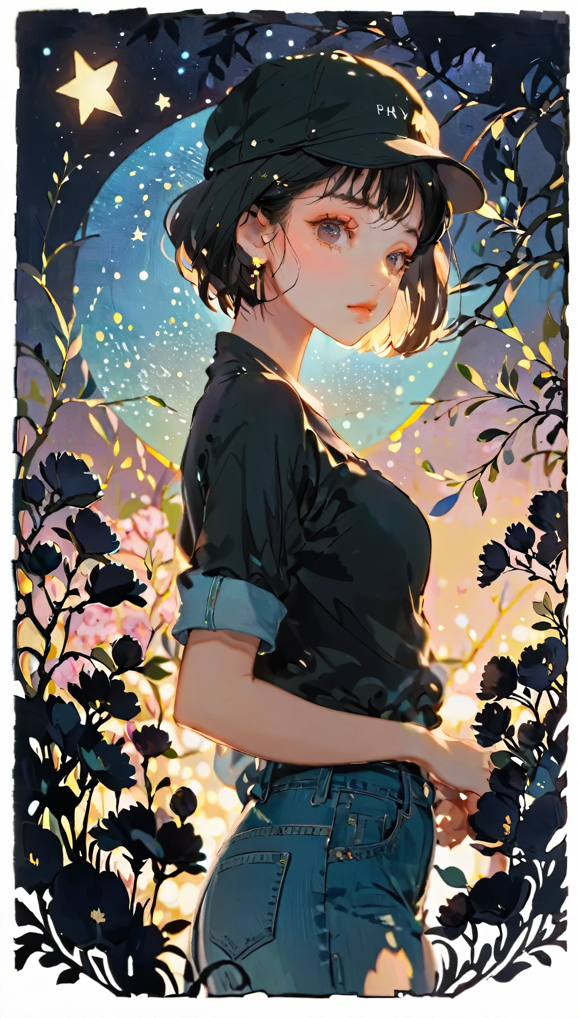 (((paper cutting style))), 1 girl, short black short hair, cap, shirts and denim, portfolio, gazing at a star-filled night sky
