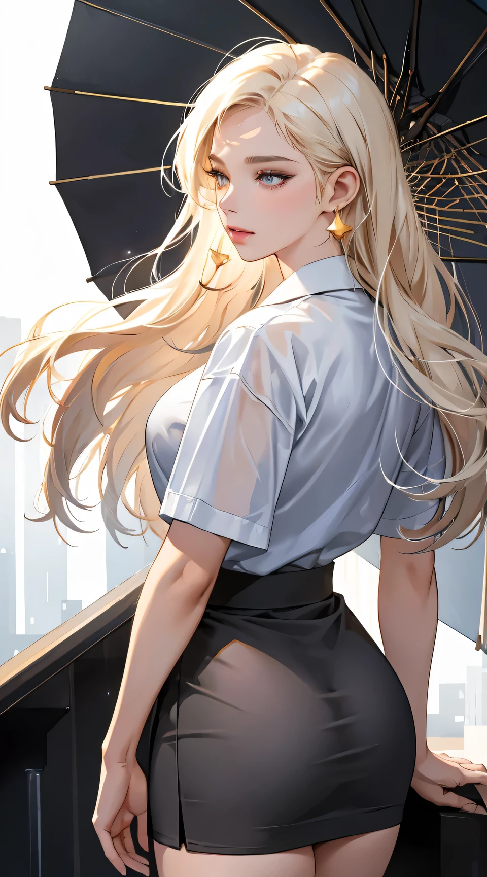 (best quality:1.5, highres, UHD, 4K, detailed lighting, shaders), white light, haired, gradient hair, large breasts, suit, gray shirt, social shirt, short skirt, mature woman , (pov), white background, colorful eyeshadow, dramatic lighting, sparkling eyes, sensual expression, golden earrings, flowing hair, delicate facial features, dark skin, high cheekbones, raining, urban setting, white background, dont look for the camera, lean forward, view from behind, wet  by the rain.