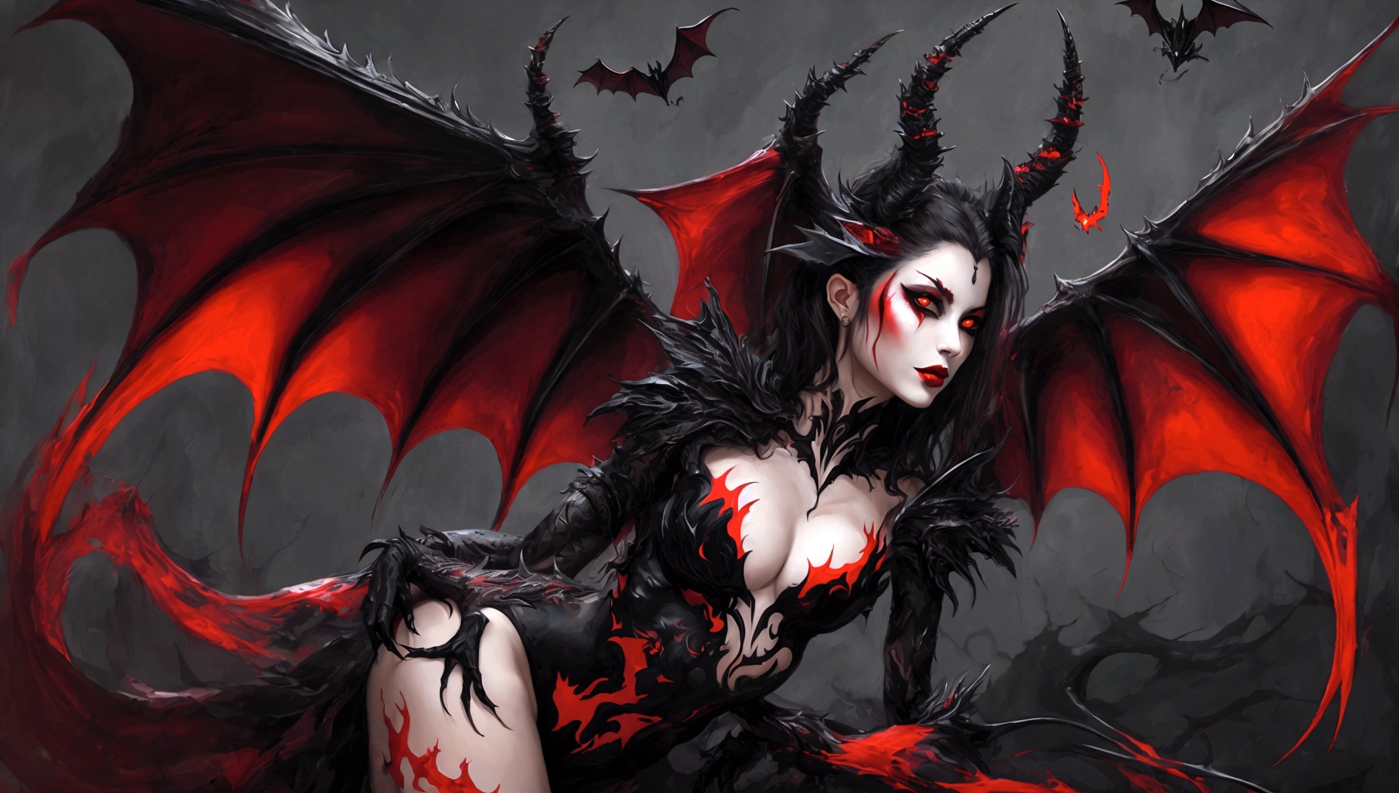 erotic oil painting, Female Demon, abstract, very colorful, Bats, Red and Black