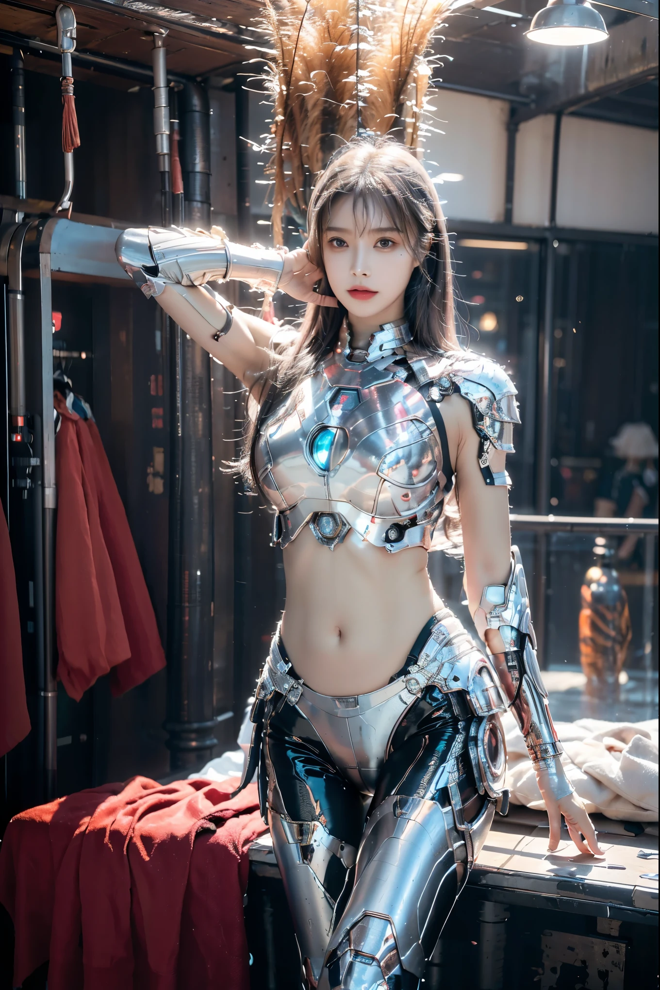 1girl wearing Iron Man armor,Like Iron Man, Reveals sexy lower abdomen, Full-body metal armor, Bare belly, The abdomen is open, The abdomen is completely exposed,diaphragm,Stomach,beautiful girl, Ultra-high resolution (Reality: 1.4), cosmetic, Ground Stop, realism, movie lighting, Ray tracing, Anatomically correct, Textured Skin, High Detail, The award-winning, best quality, 8K, Super detailed, Stunning beauty,, Dynamic poses, Exquisite face, Vibrant eyes, High Detailed Skin, Realistic skin details, Visible pores, Clear focus, Volumetric fog , 8K Ultra HD, Digital SLR Camera, high quality, Genuine Leather, Photo realism, photography,
