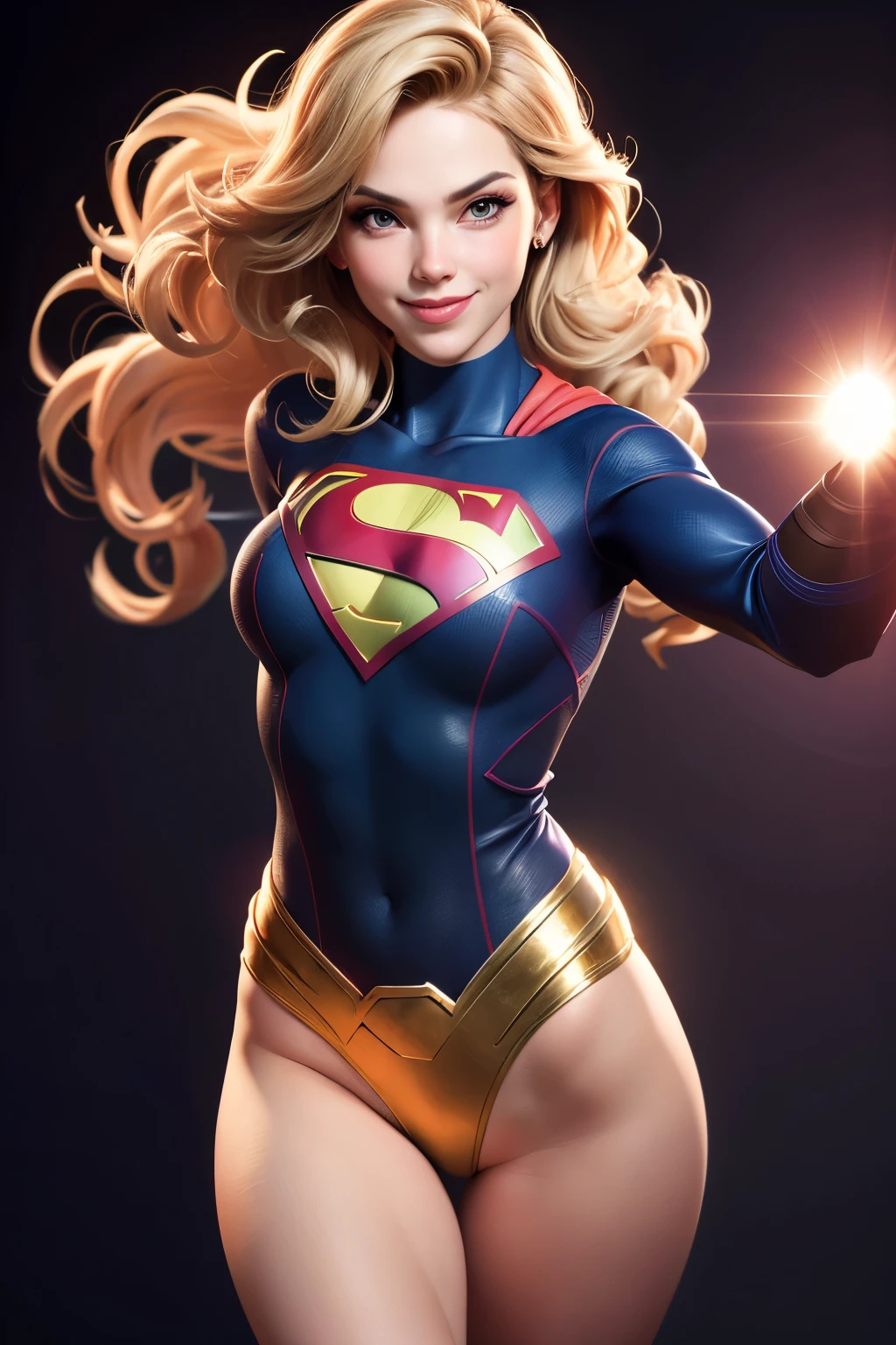 ((super girl)), Portrait photography by Art Germ, realism style, rous skin, The main character of the cartoon, Natural light, tight lips, Strong body, Feminine body, full length, viewer, (Smile:1.2), Depth of field f/1.8, studio shot, (((looking in camera))), looking in camera, ((( Camera Eye))) , ellen von unwerth, (Sexyse:1.5), running your hands through your hair, ela fazendo sinal de paz. 