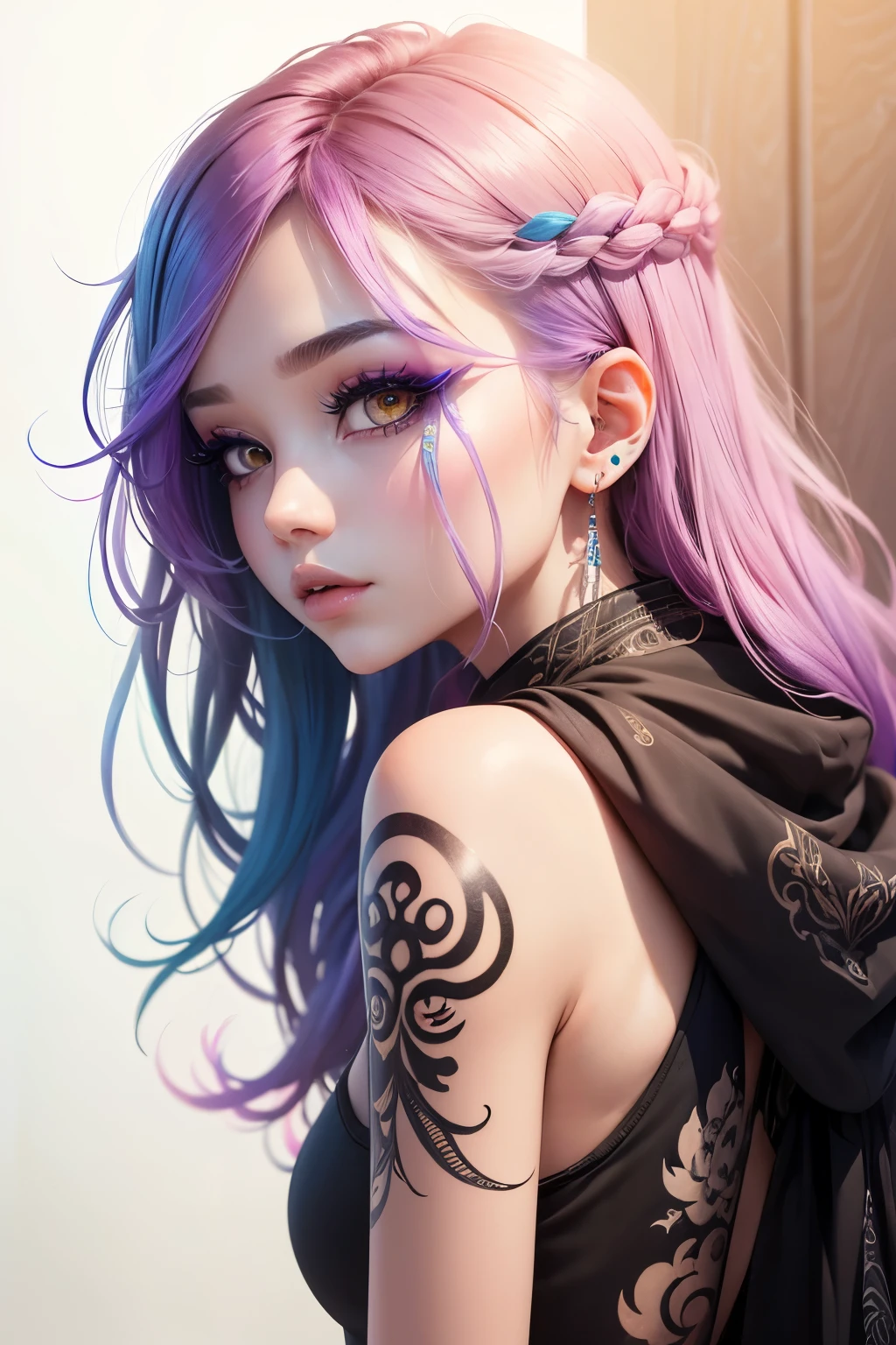 girl, side view, beautiful face, high detailed real eye, high quality pupil, double eyelid, ink art makeup, rainbow color hair, high detailed real skin, high quality skin, professional lighting, real shadow, masterpiece,