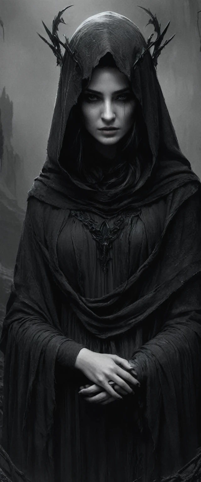 Completely black screen, absolutely nothing, pure black, detailed, but the Pythia rises from the shadows, her form cloaked in tattered rags of ashen gray, each thread whispering tales of forgotten sorrow, FastNegativeV2, gloom
