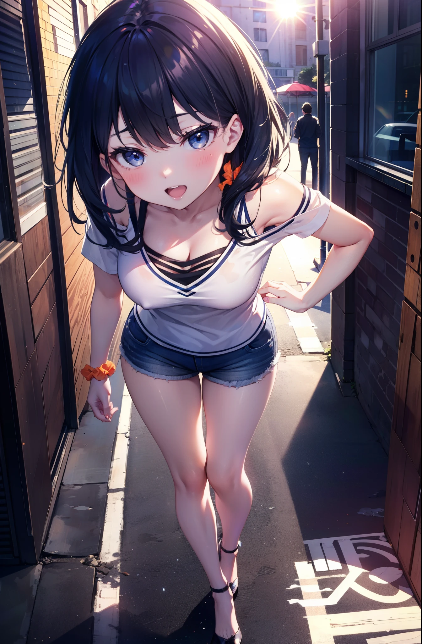 Rikka body, rikka takarada, Black Hair, blue eyes, Long Hair, orange Scrunchie, Scrunchie, wrist Scrunchie,happy smile, smile, Open your mouth,Cold shoulder tops,Short sleeve,Shorts,Stiletto heels,Walking,morning,morning陽,The sun is rising,So that the whole body goes into the illustration,Looking down from above,
Destroy outdoors, In town,Building district,
壊す looking at viewer, Systemic
break (masterpiece:1.2), highest quality, High resolution, unity 8k wallpaper, (figure:0.8), (Beautiful fine details:1.6), Highly detailed face, Perfect lighting, Highly detailed CG, (Perfect hands, Perfect Anatomy),