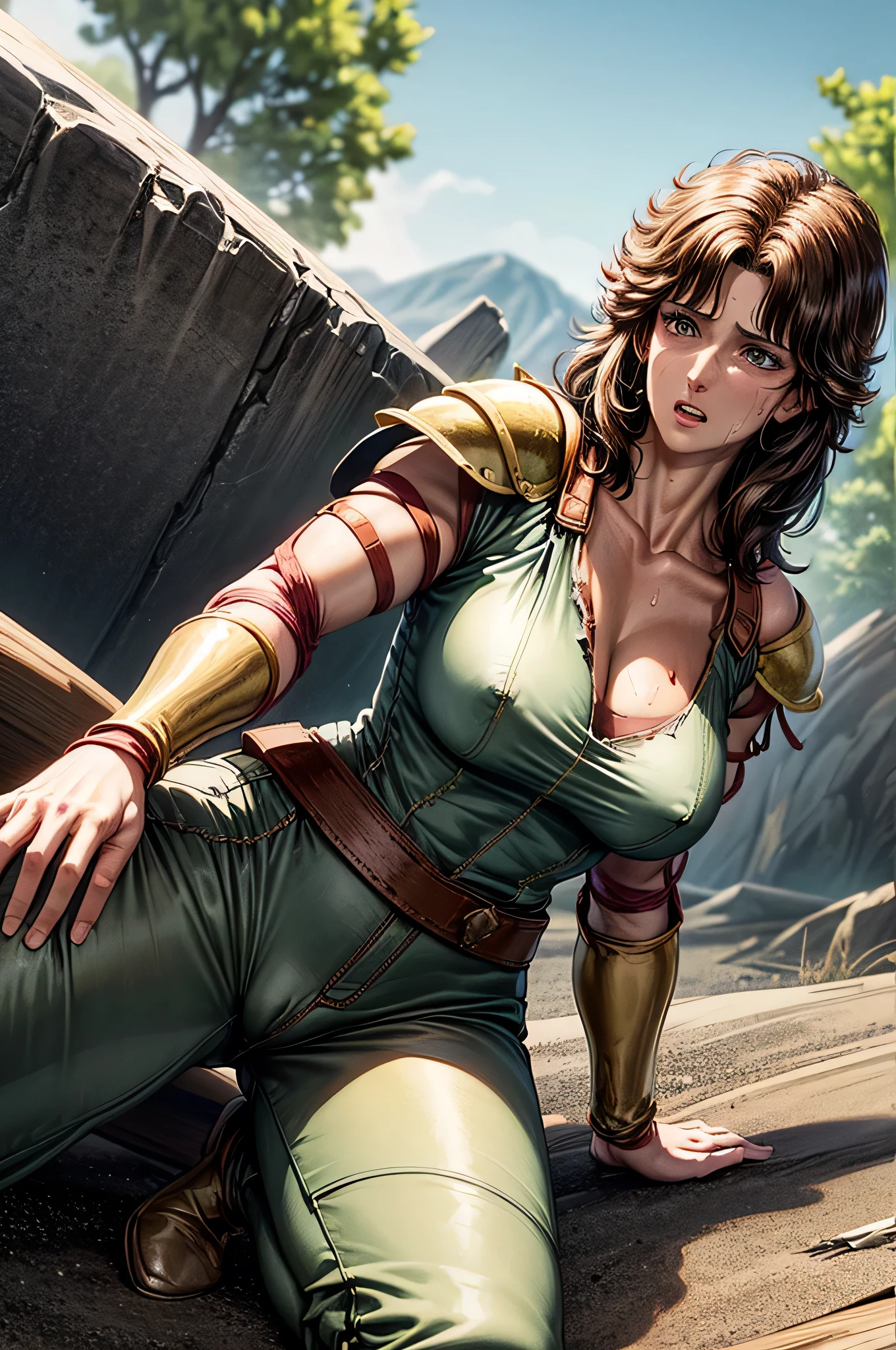 (Mamiya,undershirt,1 mature muscular female ,shoulder guard,leg guard,brown wavy hair,25yo),damaged denim pants,large breasts,cleavage,erected nipples,perfect hands, perfect finger,perfect anatomy, masterpiece, best quality,realistic, hyperrealistic, 16k hdr,(ruined world,medieval,,outdoor,wilderness,desert background:1.3),(cool beauty),sweat,spread legs