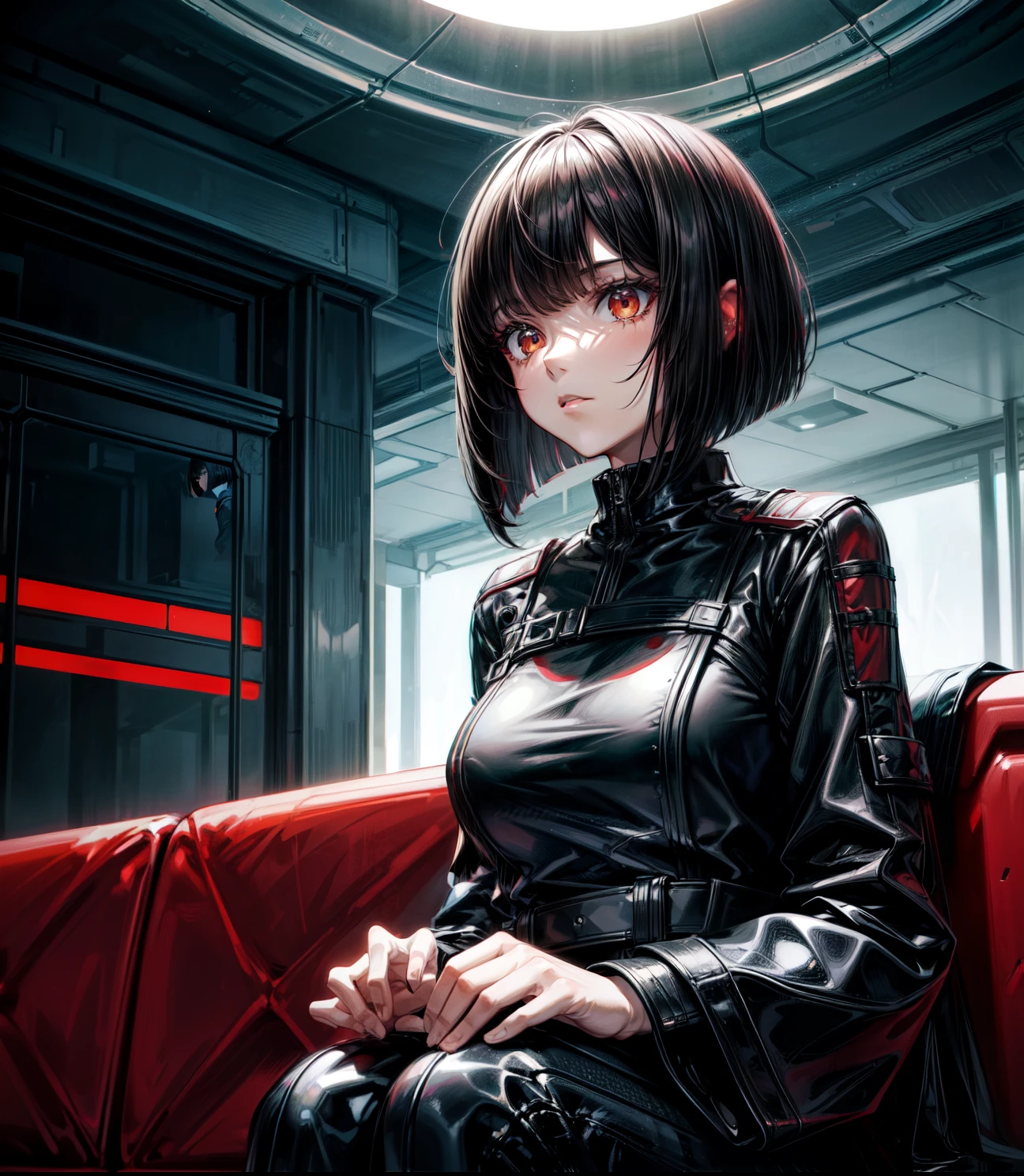 solo, female, sfw, medium shot, long hair, black hair, bob cut hair, futuristic, brutalist architecture, red forest landscape, brown eyes, black skin, sitting, velvet couch, close up, casual clothes, night
