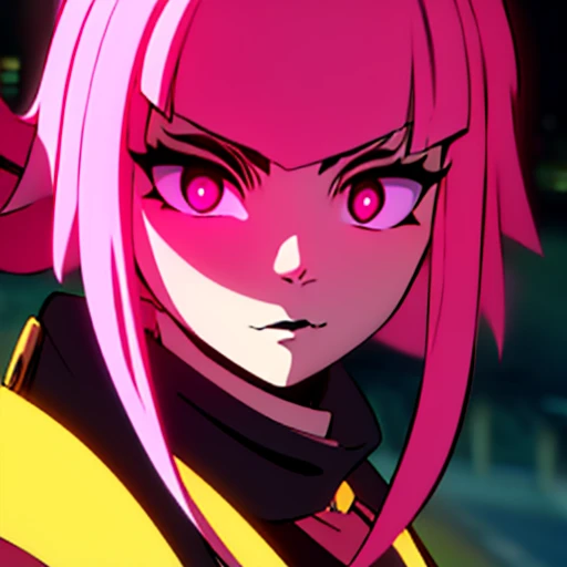 girl with a face full of blood, blood on her clothes,serious expression , yandere, dark eyes, pink eyes, pink hair, crazy,black clothes,blur in the eyes,golden scarf, black katana in hand 