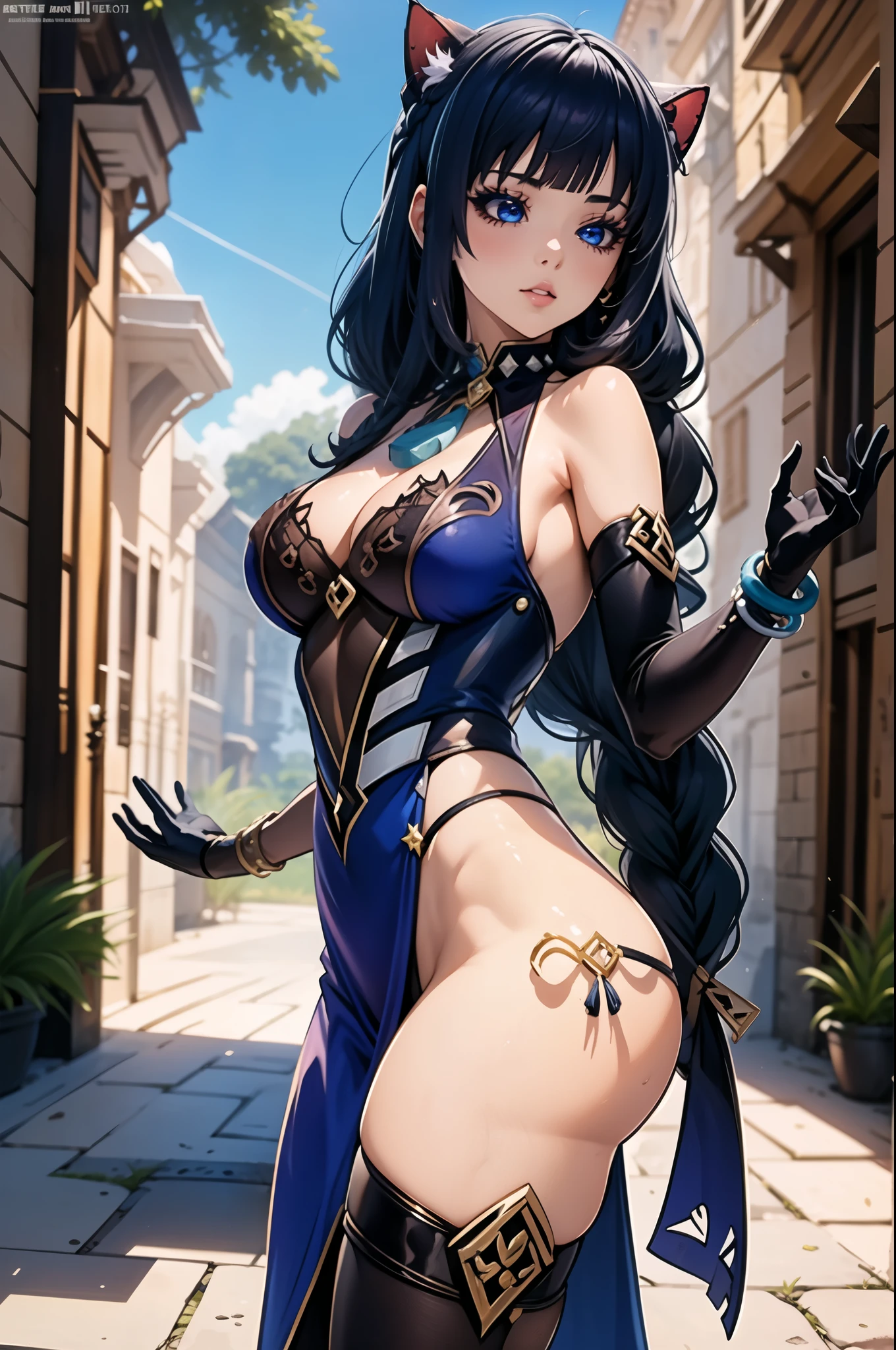 absurdos, high resolution, (arte oficial, hermoso y estetico:1.2), Ultra detalle, persona hermosa, mujer madura, 1 chica junkotvv, Cintura estrecha, Caderas anchas, aayelan, cabello largo, orejas de gato, flequillo diagonal, trenza, ojos rojos, pendientes, borla de cuello, escote, vestido azul, sin mangas, pulsera, asymmetrical gloves, guantes sin dedos, guantes de codo, pelvic curtain, tanga blanca, chaqueta en los hombros, chaqueta con ribete de piel, chaqueta blanca