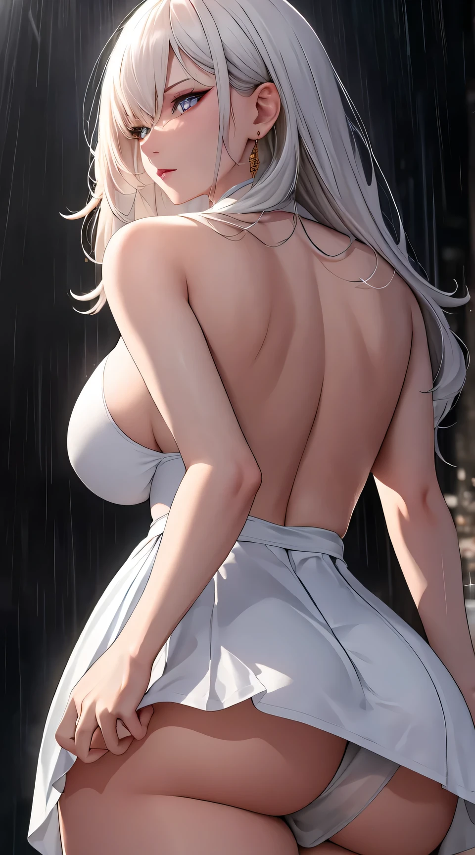 (best quality:1.5, highres, UHD, 4K, detailed lighting, shaders), white light, haired, gradient hair, large breasts, suit, gray shirt, social shirt, short skirt, mature woman , (pov), white background, colorful eyeshadow, dramatic lighting, sparkling eyes, sensual expression, golden earrings, flowing hair, delicate facial features, dark skin, high cheekbones, raining, urban setting, white background, dont look for the camera, lean forward, view from behind, wet by the rain.