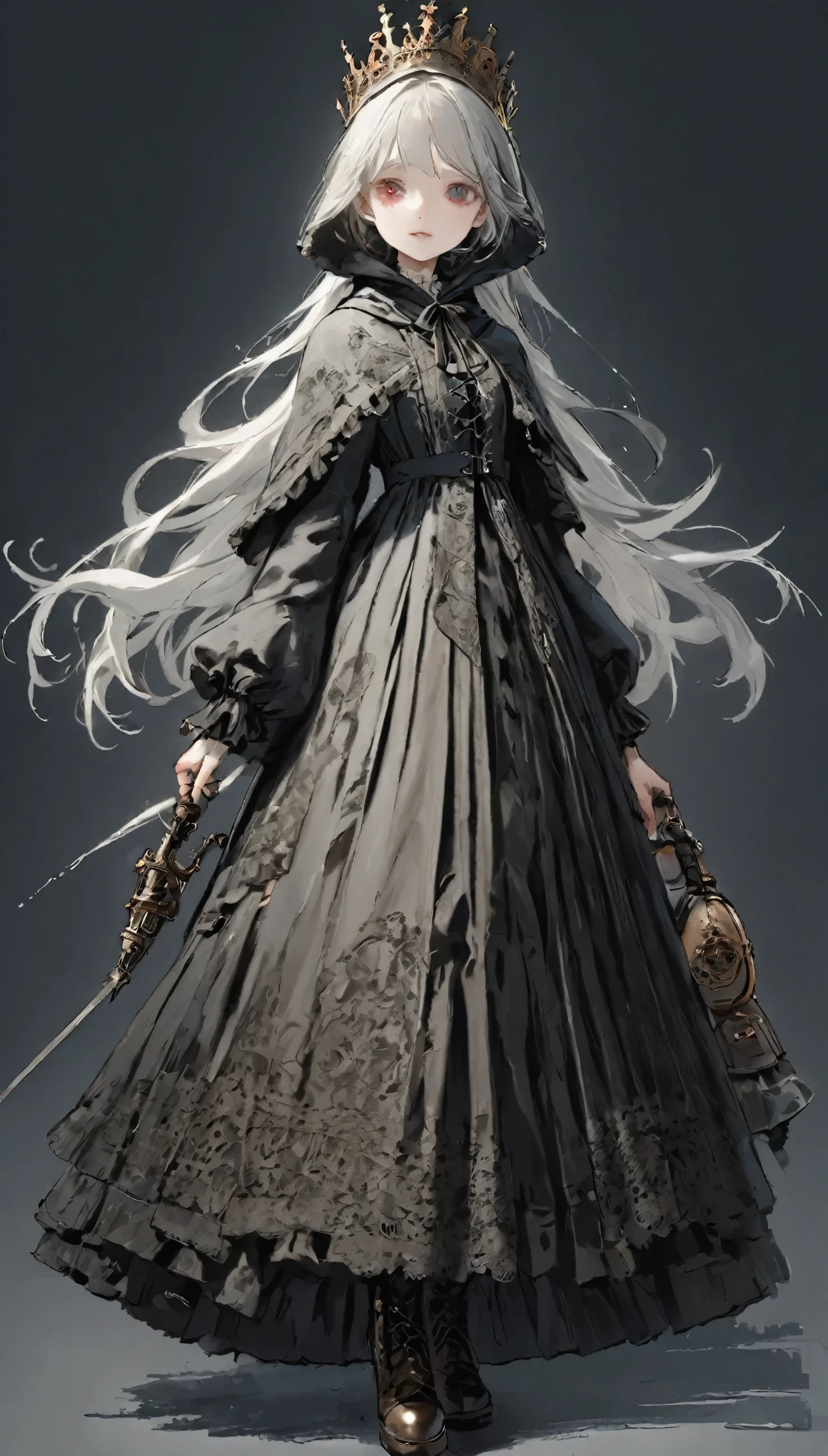 ((highest quality)), ((masterpiece)), (detailed), Perfect Face, Hand-drawn style, Hand-drawn style, watercolor, sketch, knight, White Background, Plain background, Inspired by Bloodborne, Tattered Bloodborne Outfit, occult aesthetic, occult, tatty red and white clothing detailed and intricate steampunk and detailed gothic lolita (Hooded), crown, Long coat, Intricate lace-up boots, Fluttering lace flared long Knee length dresses with frilly petticoats, Long dress, Knee length dresses, Pleated petticoat, Lolita Dress, Petticoat Gothic Lolita, Beautiful small breasts, (((( Highly detailed face))), Small, thin nose, A small, thin-lipped mouth, (((Extremely sharply focused eyes))), Her very large slitted, precise pale grey eyes shine like jewels.. Very long eyelashes, Silver hair swaying in the wind, Mandala pattern emits shining light, White Background, Very dramatic and cinematic lighting, Tattered old red and white clothes, full body, whole body, body, Space horror, Grimdark