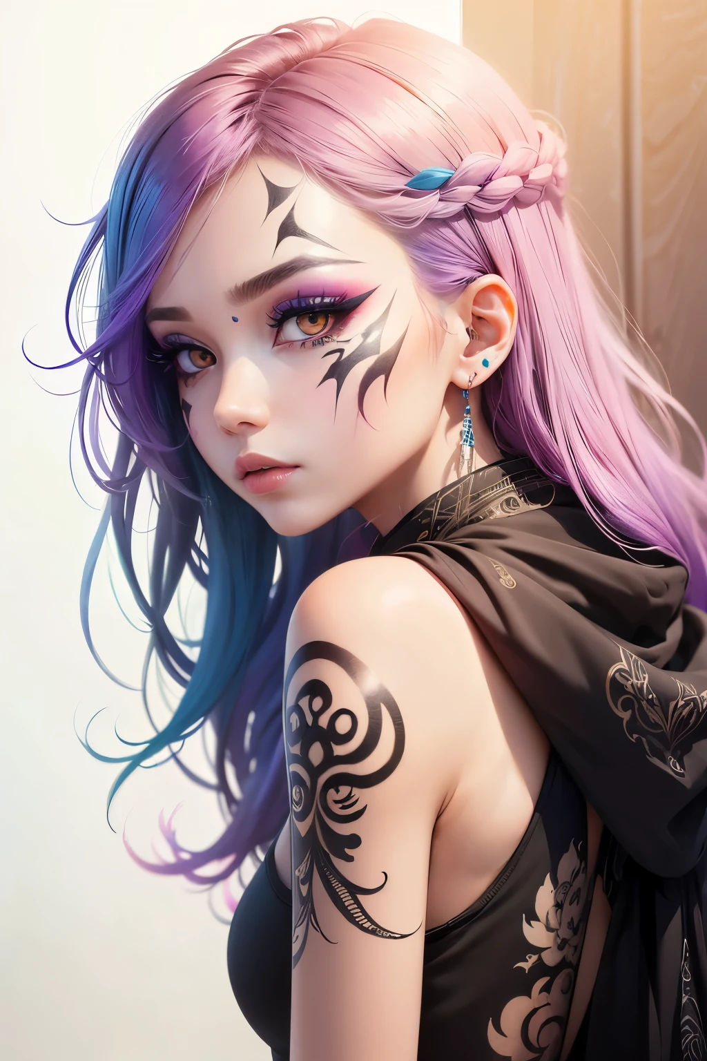 girl, side view, beautiful face, high detailed real eye, high quality pupil, double eyelid, face paint, ink art makeup, rainbow color hair, high detailed real skin, high quality skin, professional lighting, real shadow, masterpiece,