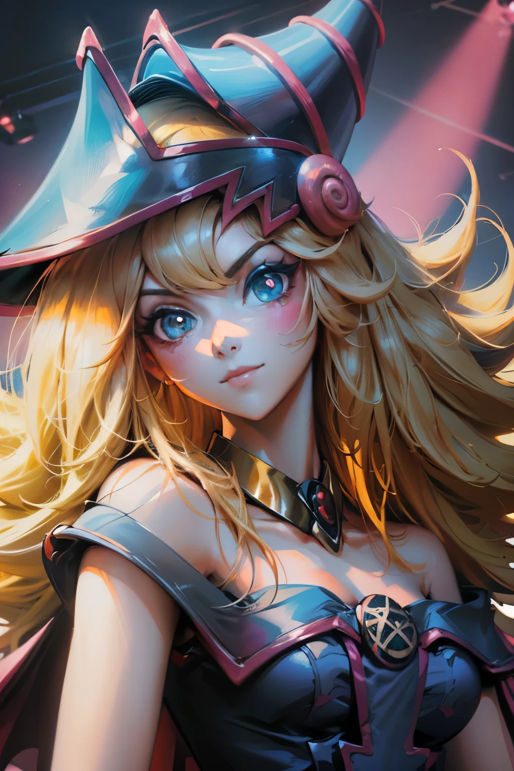 Hermoso rostro de dark magician gils, ojos azules. Labios rosados. Cabello rubio y largo. Ombros descubiertos, sonrisa angelical, hermoso rostro bien detallados de dark magician gils.