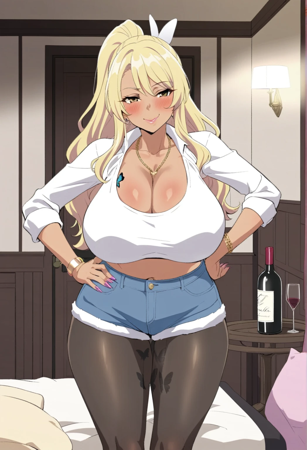 {{Artist: Sincos}}, 1girl, anime, mature female,blonde hair,tanned, dark skin, long hair, hazel eyes, white crop top, denim shorts, pantyhose, indoors, luxurious room,wine cup on hand,Gyaru, smiling, smug smile, age 30 - 40,curvy, busty,huge breasts, cleavage, sharp features, prominent lips,white lipstick, butterfly tattoo on belly, mature face, Gold necklace, hands on hips,milf, Mother, thick, voluptuous, hi res,hd, Masterpiece, detailed, Best Quality, detailed top,detailed cleavage