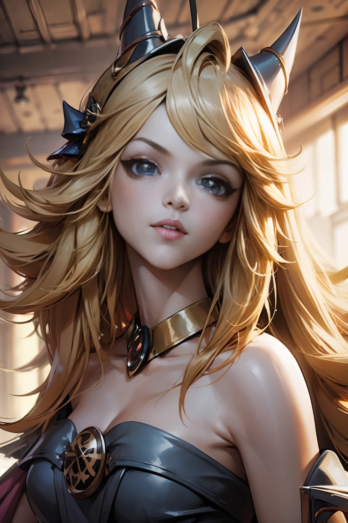 solamente, super fine photo, Unreal Engine 5 8K UHD digital artistic portrait of a girl, Arte conceptual, character concept design, usando un apretado, bright white dress with metallic details, corona de oro, ojos azules, fantasy princess, guante metalico, cabello largo y rubio, La mejor calidad, Obra maestra, Super detailed, Sharp focus, pose Sujestiva y sexy y inocente y