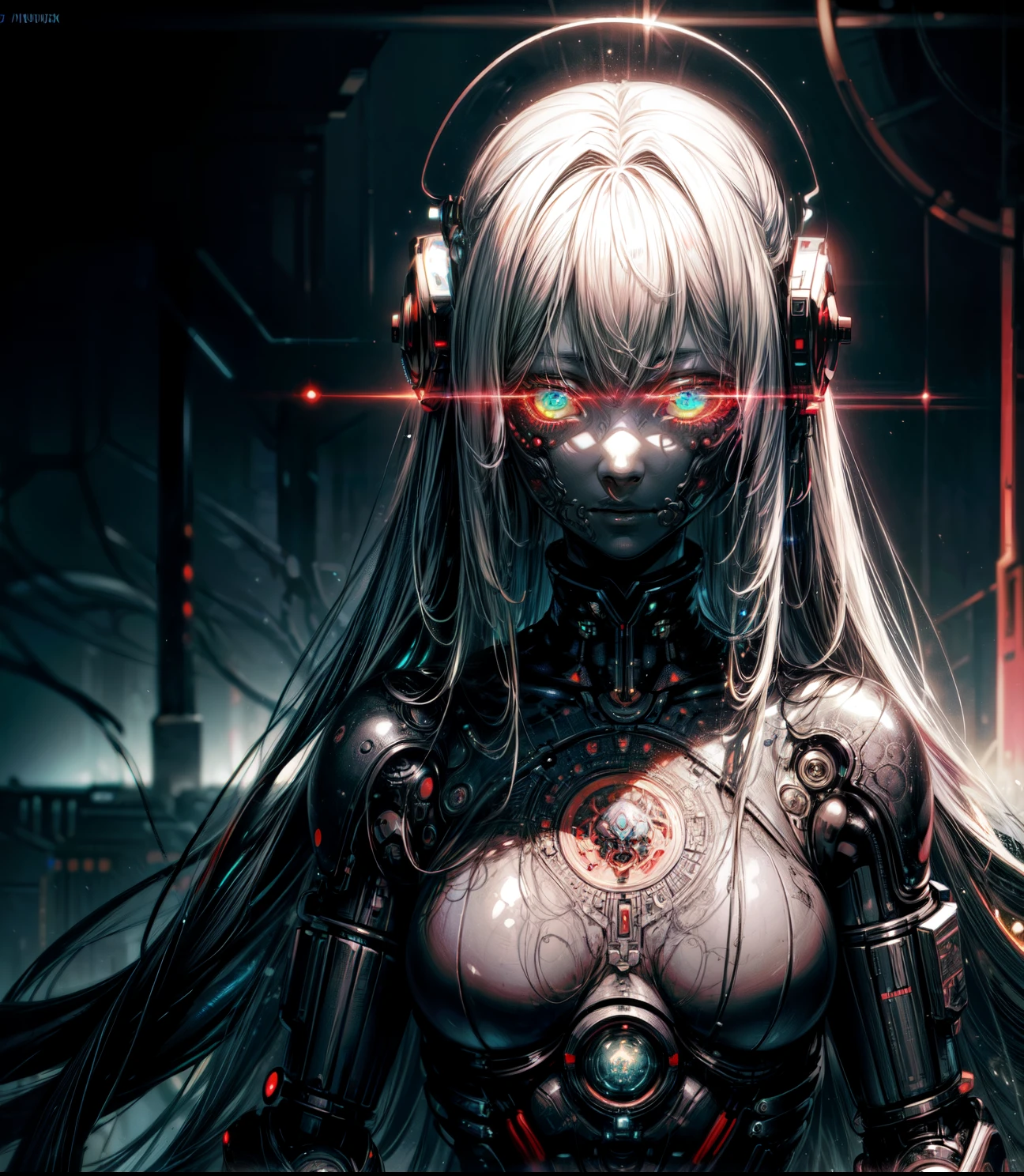 female robot pilot, mechanical creature, electronic wires relays computer nerves, girl face, dystopian surrealism, alex ries zdzisaw beksinski giger, very intricate details, demon chinese female, deep luminous eyes contain galaxies, head contains nebula, deep aesthetic, concept art, carved silver circuits diodes resistors semiconductors, highly ornate