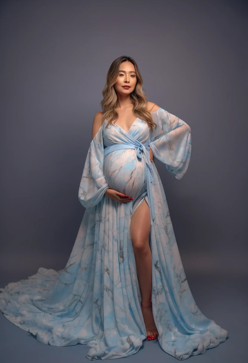 indoor photography , high detailed , 4k , cinematic light , ultra high quality , pregnant woman in a red dress posing for a photo, full body photoshoot, beautiful full body shot in red marble dress, marble paper dress , colorful dress , photo studio shot , blue light backdrop