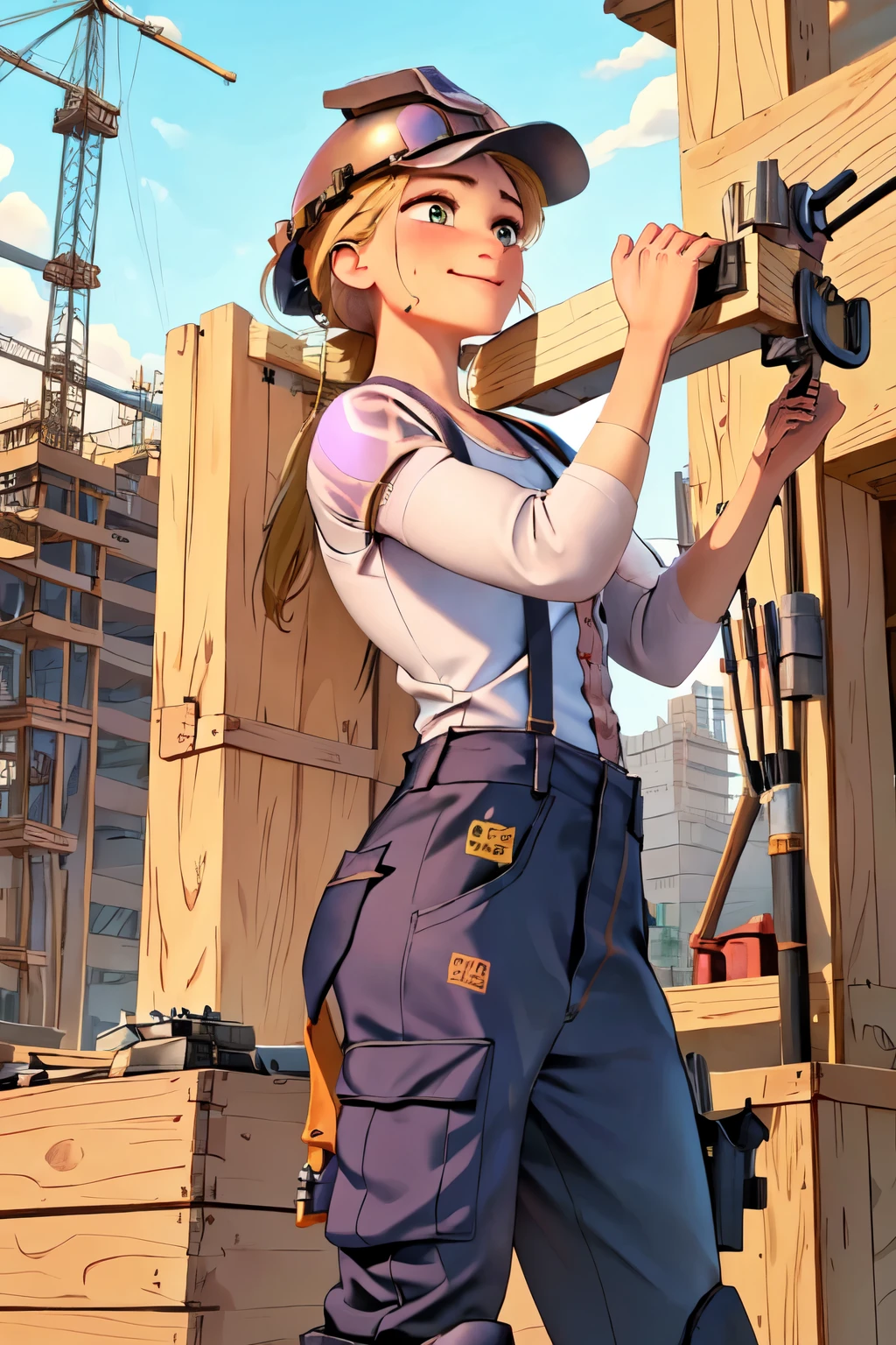 (masterpiece:1.2), (best quality), (ultra detailed), (8k, 4k, intricate),(highly detailed:1.2),(detailed face:1.2), (highly detailed background of construction site wth rebar and cranes),(portrait),detailed landscape,(action pose:1.2),rapunzel  1girl, solo, long hair, looking away from viewer, smile, blonde hair, long sleeves, dress, walking with urgency, side profile of entire body walking, side view of face, very long hair tied up, green eyes, carpenter, woodworker, construction worker, contractor 

Rapunzel portrayed as a construction worker, carrying a large long wooden beam on her shoulder, dressed in carpenters attire, baggy cargo overalls, suspenders, tools in pockets, safety goggles, work gloves, wearing a hardhat/safety helmet, durable work boots, knee pads, bandana, tattoos with floral and sun motifs visble, sweating from brow, determined smirk, holding woodworking tools, working on a construction site, tools and machinery are visble, curvy, beautiful 