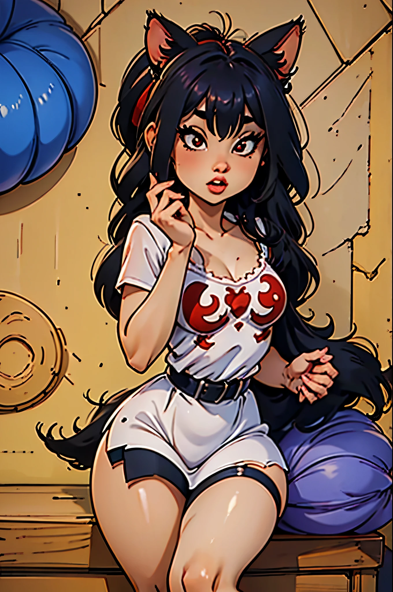 Ralph Bakshi Style, Curvy blue eyed girl with long wavy black hair and small breasts, nudity1.5, (extreme nsfw)2.5, torn tanktop, (tits out)1.5, lewd, holding up a huge pencil