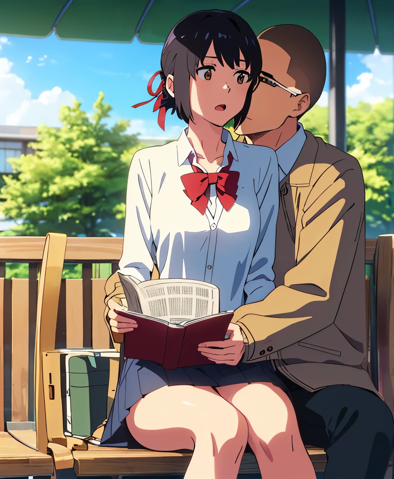 shinkai makoto, kimi no na wa., 1boy, muscular, buzzcut, boy behind girl, hug back, hugging, hig from behind, 1girl, black hair, brown eyes, open mouth, eyeglasses, open mouth, short hair, har band, hair ribbon, yellow cardigan, cleavage, white dress skirt, perfect anatomy, cowboyshot, sit on bench chair, reading a book, outdoors, school university, sky, school building, ,