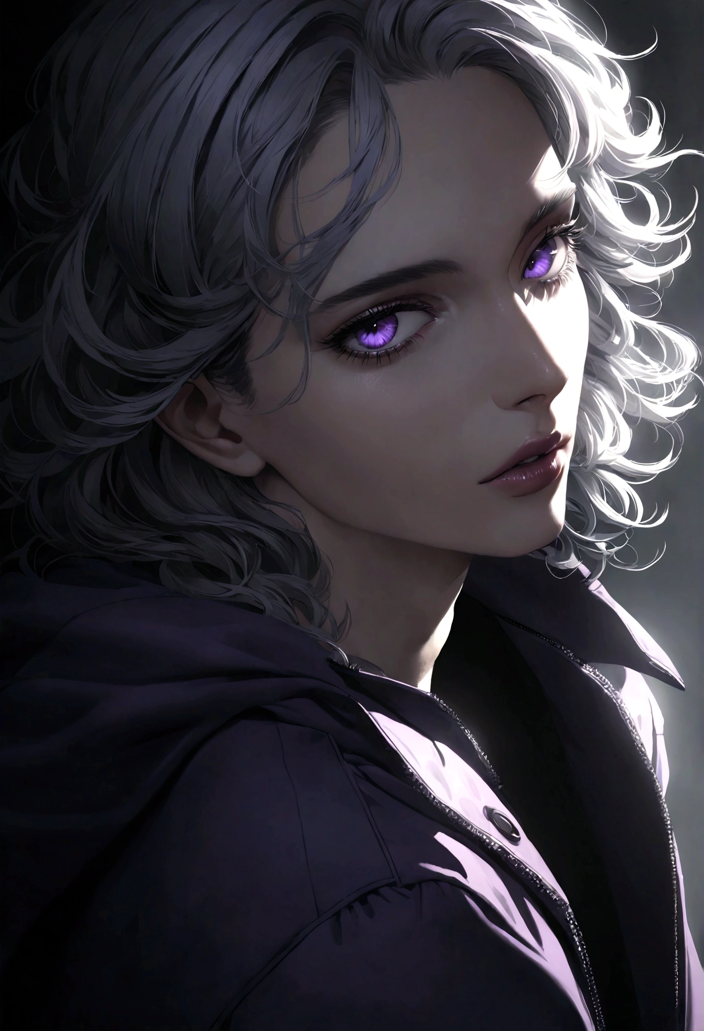 A handsome man in a large black and purple jacket, detailed clothing, half body shot, beautiful detailed eyes, beautiful detailed lips, extremely detailed eyes and face, long eyelashes, photorealistic, 8k, hyper detailed, dramatic lighting, high contrast, moody, cinematic, chiaroscuro