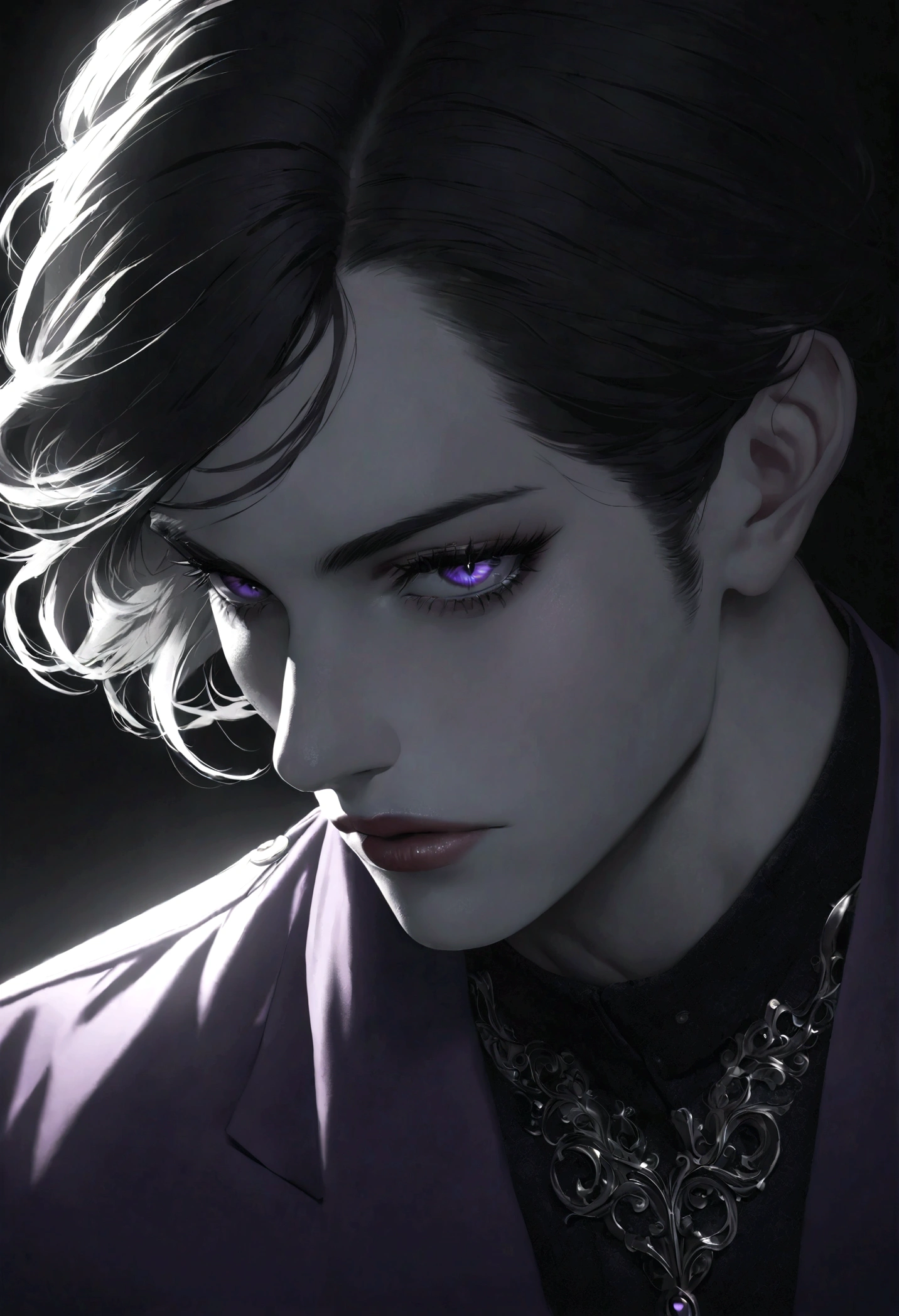 A handsome man in a large black and purple jacket, detailed clothing, half body shot, beautiful detailed eyes, beautiful detailed lips, extremely detailed eyes and face, long eyelashes, photorealistic, 8k, hyper detailed, dramatic lighting, high contrast, moody, cinematic, chiaroscuro