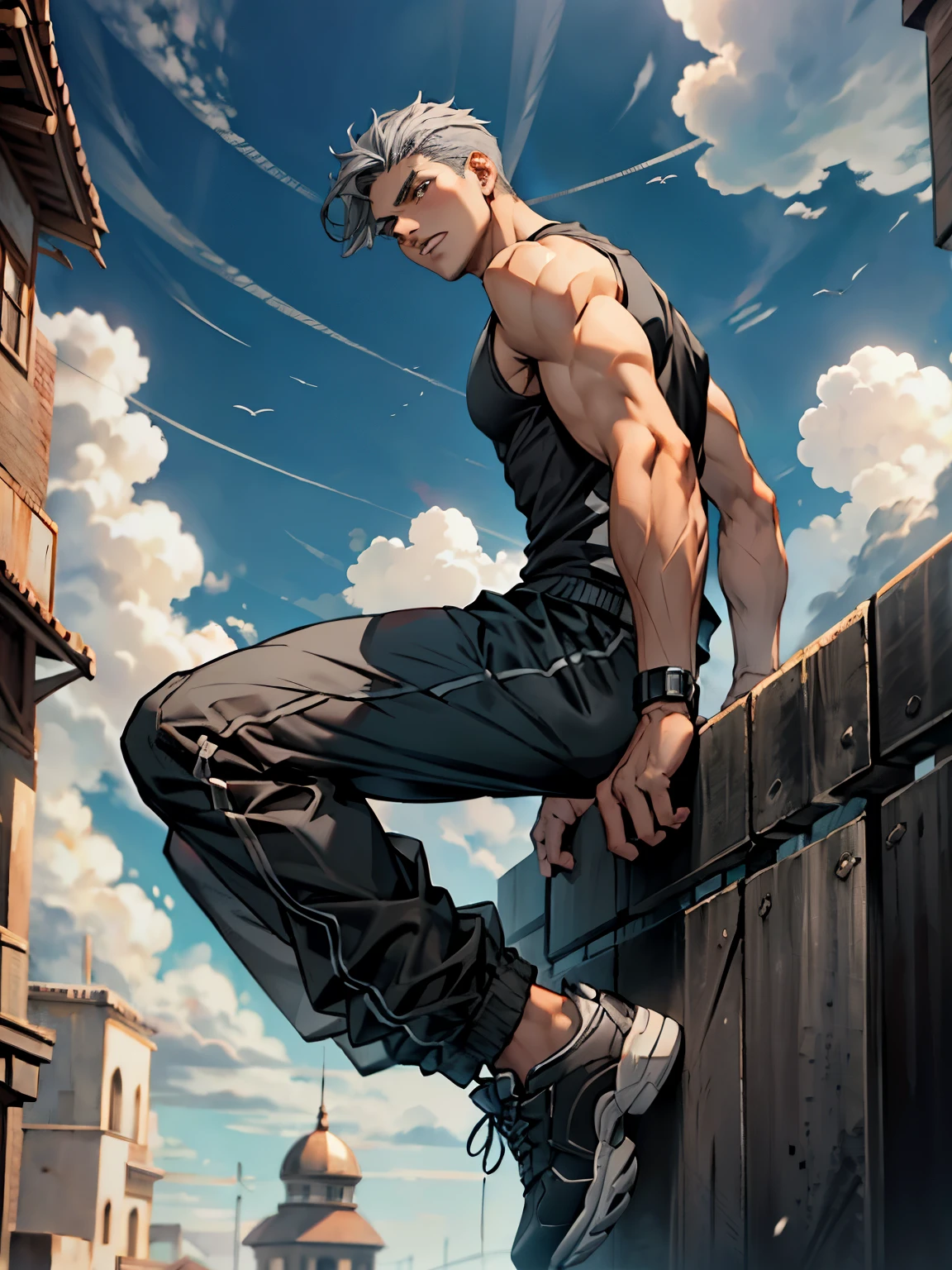 1boys, Full body, Serious face, brown eyes,((gray hair)), high-cut hair, neck short hair, wearing black sleeveless shirt, black tracksuit pants, black hair, levitate on sky, blue sky, cloud, side back view