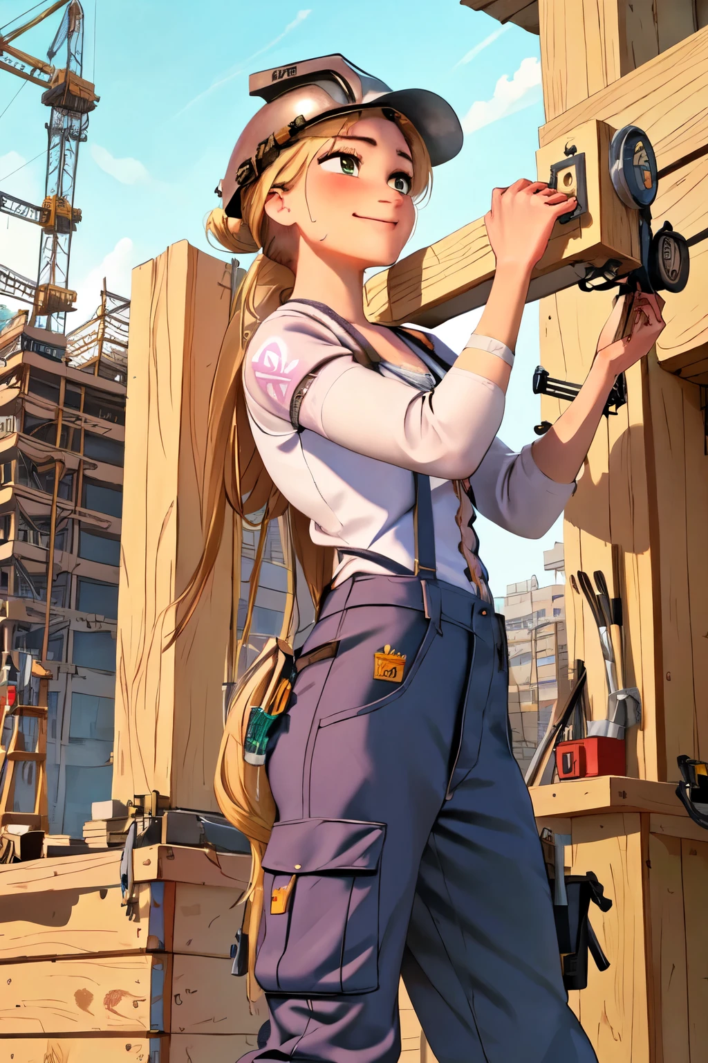 (masterpiece:1.2), (best quality), (ultra detailed), (8k, 4k, intricate),(highly detailed:1.2),(detailed face:1.2), (highly detailed background of construction site wth rebar and cranes),(portrait),detailed landscape,(action pose:1.2),rapunzel  1girl, solo, long hair, looking away from viewer, smile, blonde hair, long sleeves, dress, walking with urgency, side profile of entire body walking, side view of face, very long hair tied up, green eyes, carpenter, woodworker, construction worker, contractor 

Rapunzel portrayed as a construction worker, carrying a large long wooden beam on her shoulder, dressed in carpenters attire, baggy cargo overalls, suspenders, tools in pockets, safety goggles, work gloves, wearing a hardhat/safety helmet, durable work boots, knee pads, bandana, tattoos with floral and sun motifs visble, sweating from brow, determined smirk, holding woodworking tools, working on a construction site, tools and machinery are visble, curvy, beautiful 