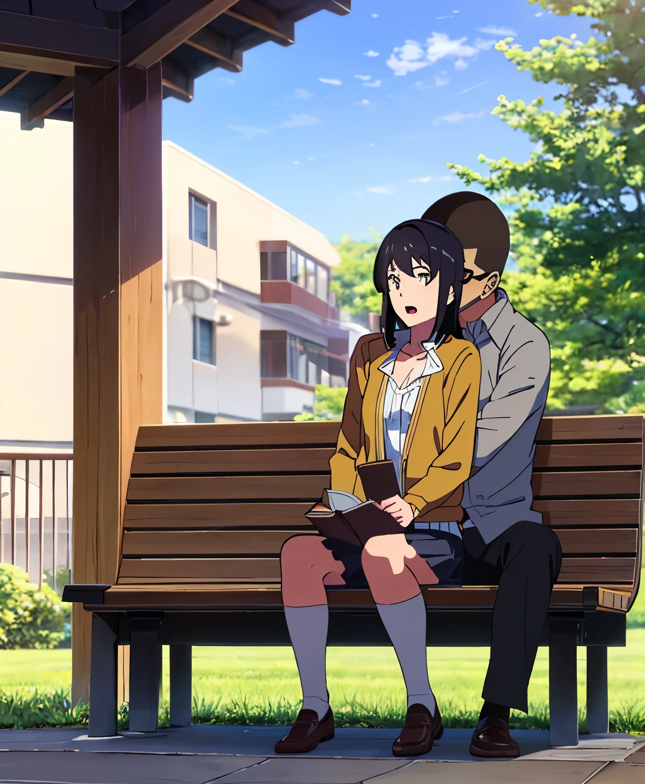 shinkai makoto, kimi no na wa., 1boy, muscular, buzzcut, boy behind girl, hug back, hugging, hig from behind, 1girl, black hair, brown eyes, open mouth, eyeglasses,  open mouth, short hair, har band, hair ribbon, yellow cardigan, cleavage, white dress skirt, perfect anatomy, cowboyshot, sit on bench chair, reading a book, outdoors, school university, sky, school building, , 