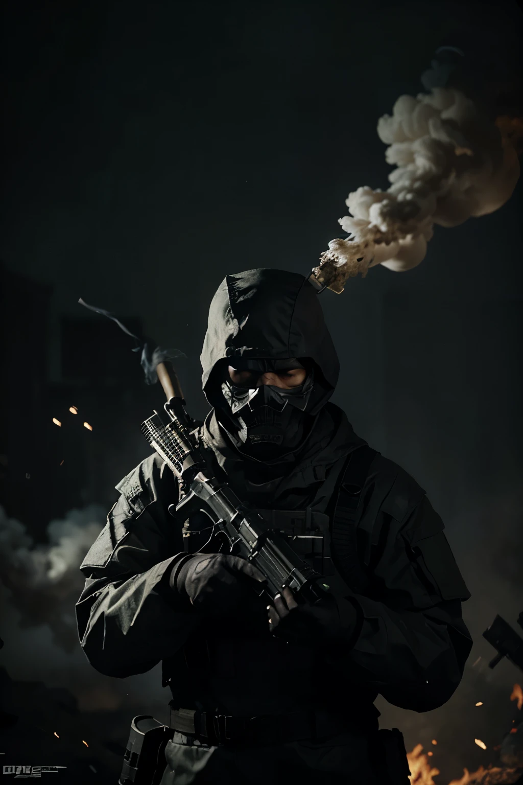 Ghost do call of duty escrito "ghost games" no meio da imagem, with guns and smoke all around